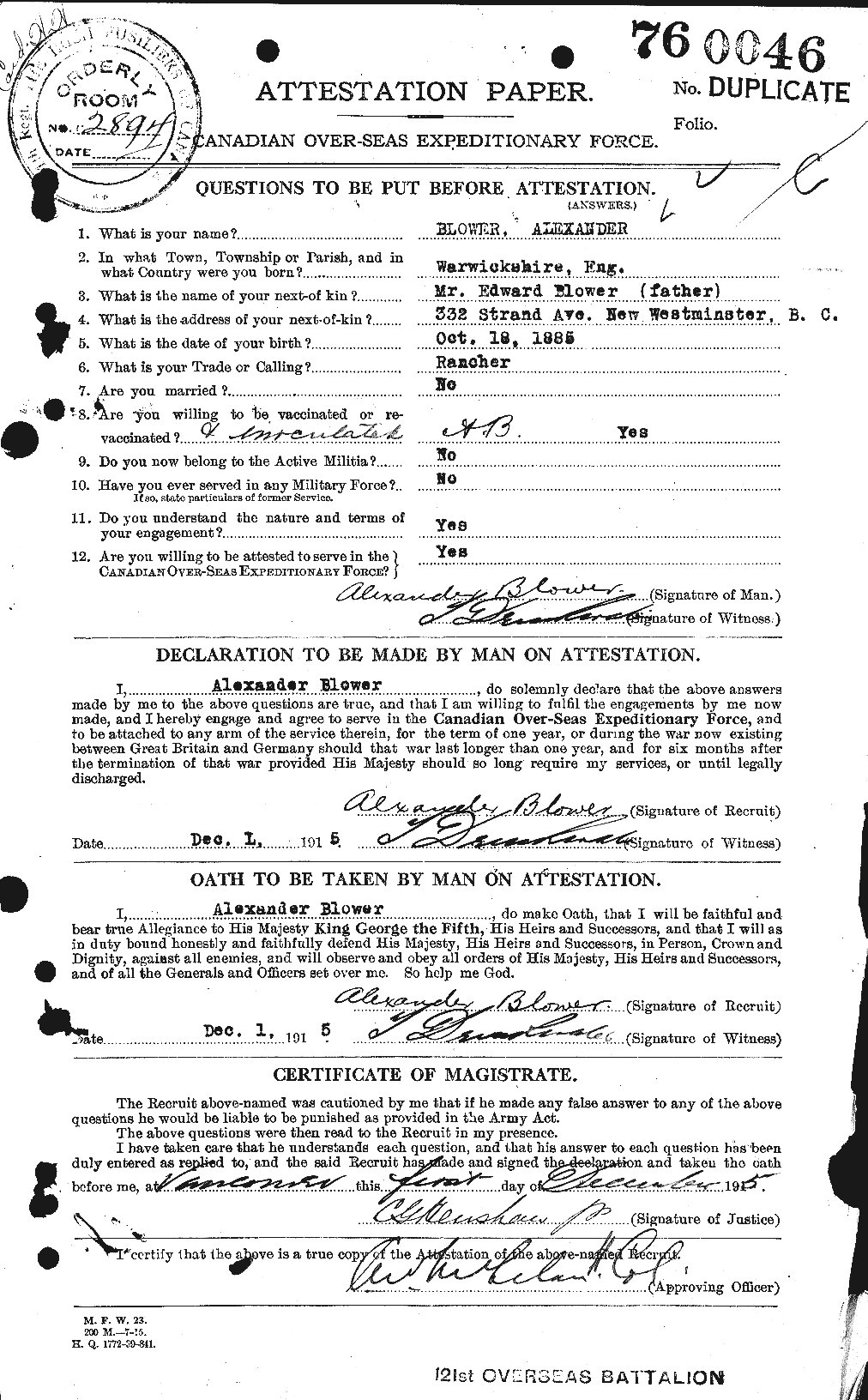 Dossiers du Personnel de la Première Guerre mondiale - CEC 247431a