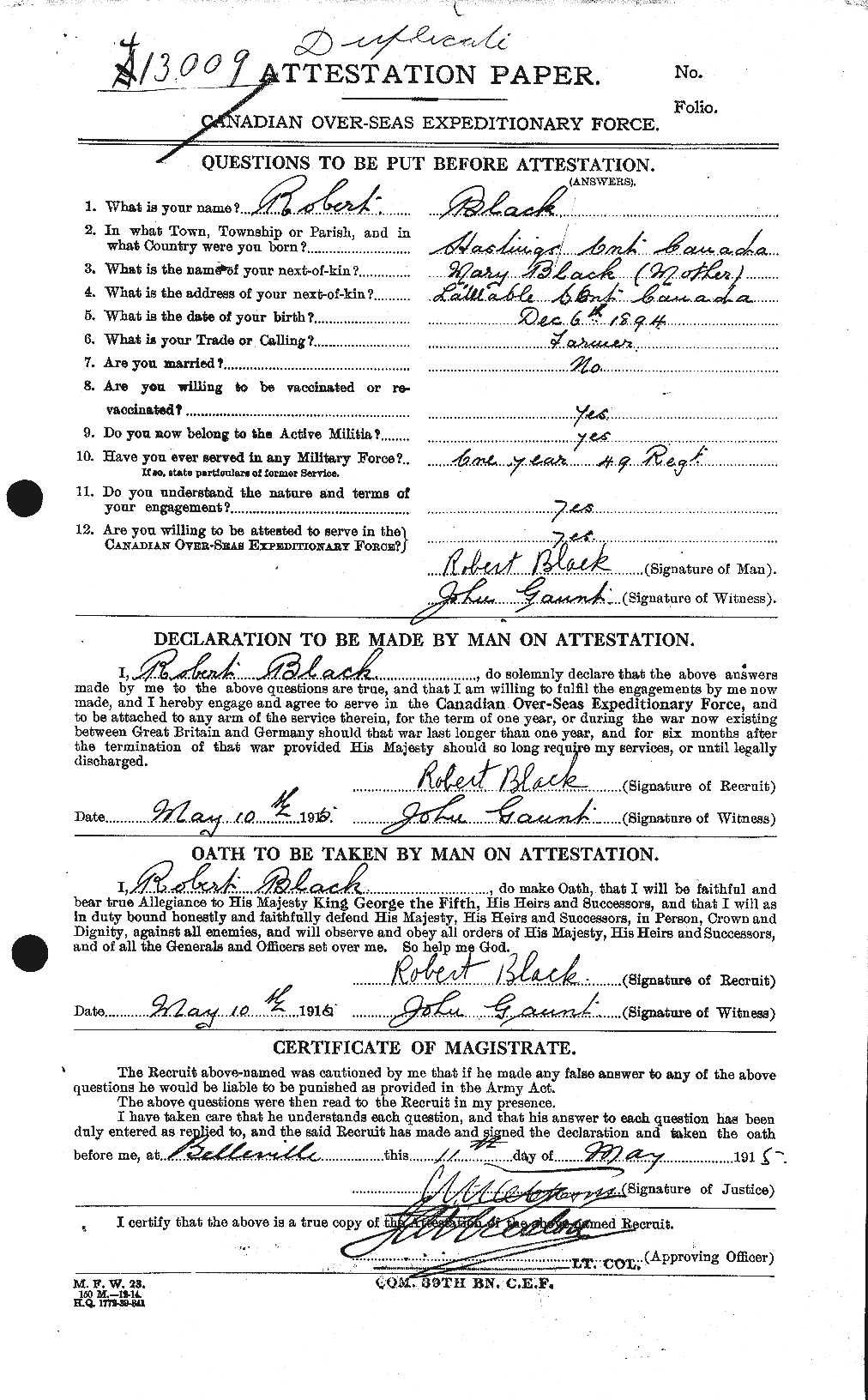 Dossiers du Personnel de la Première Guerre mondiale - CEC 247578a