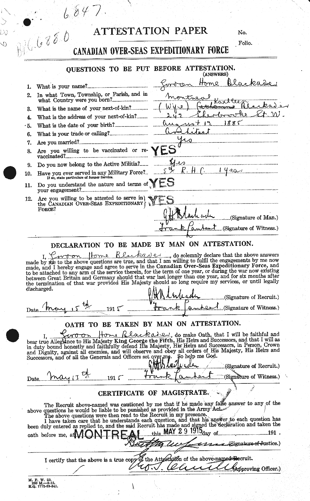 Dossiers du Personnel de la Première Guerre mondiale - CEC 247728a