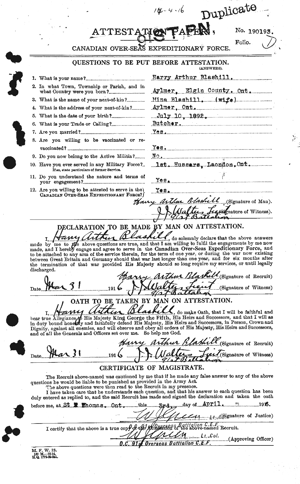 Dossiers du Personnel de la Première Guerre mondiale - CEC 247780a