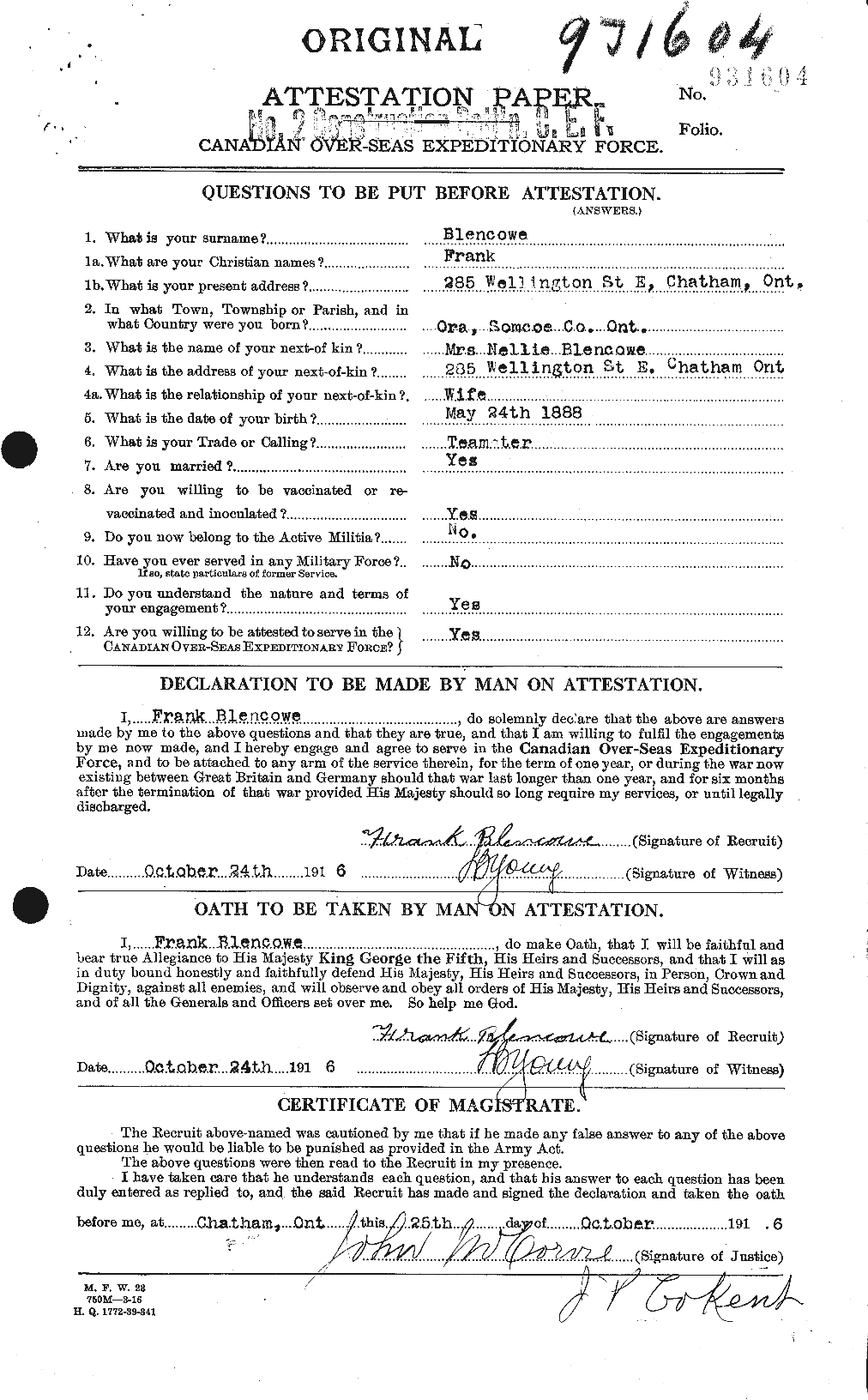 Dossiers du Personnel de la Première Guerre mondiale - CEC 247956a