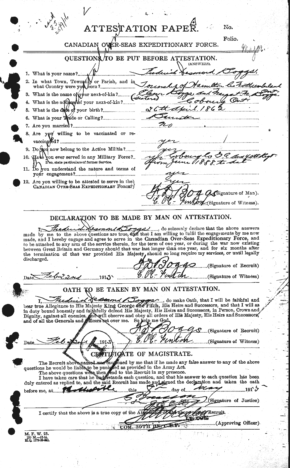 Dossiers du Personnel de la Première Guerre mondiale - CEC 249250a