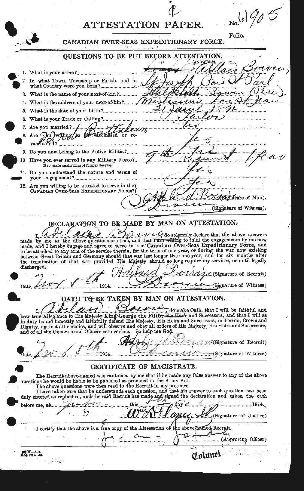 Dossiers du Personnel de la Première Guerre mondiale - CEC 249460a