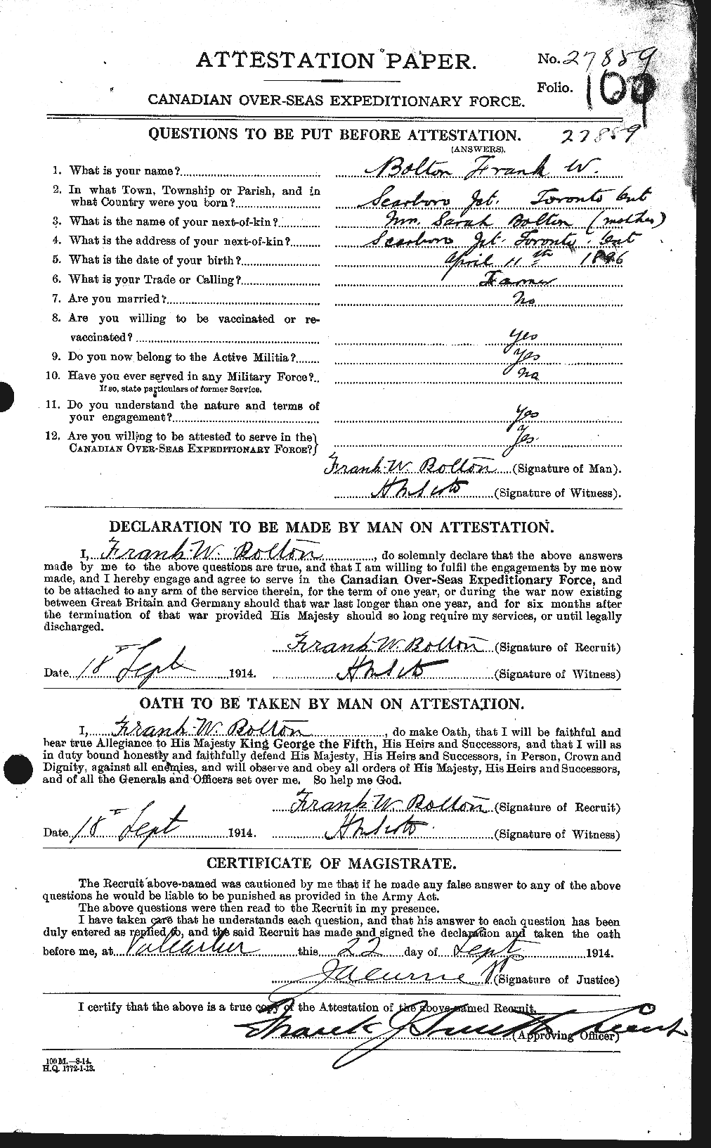 Dossiers du Personnel de la Première Guerre mondiale - CEC 250014a