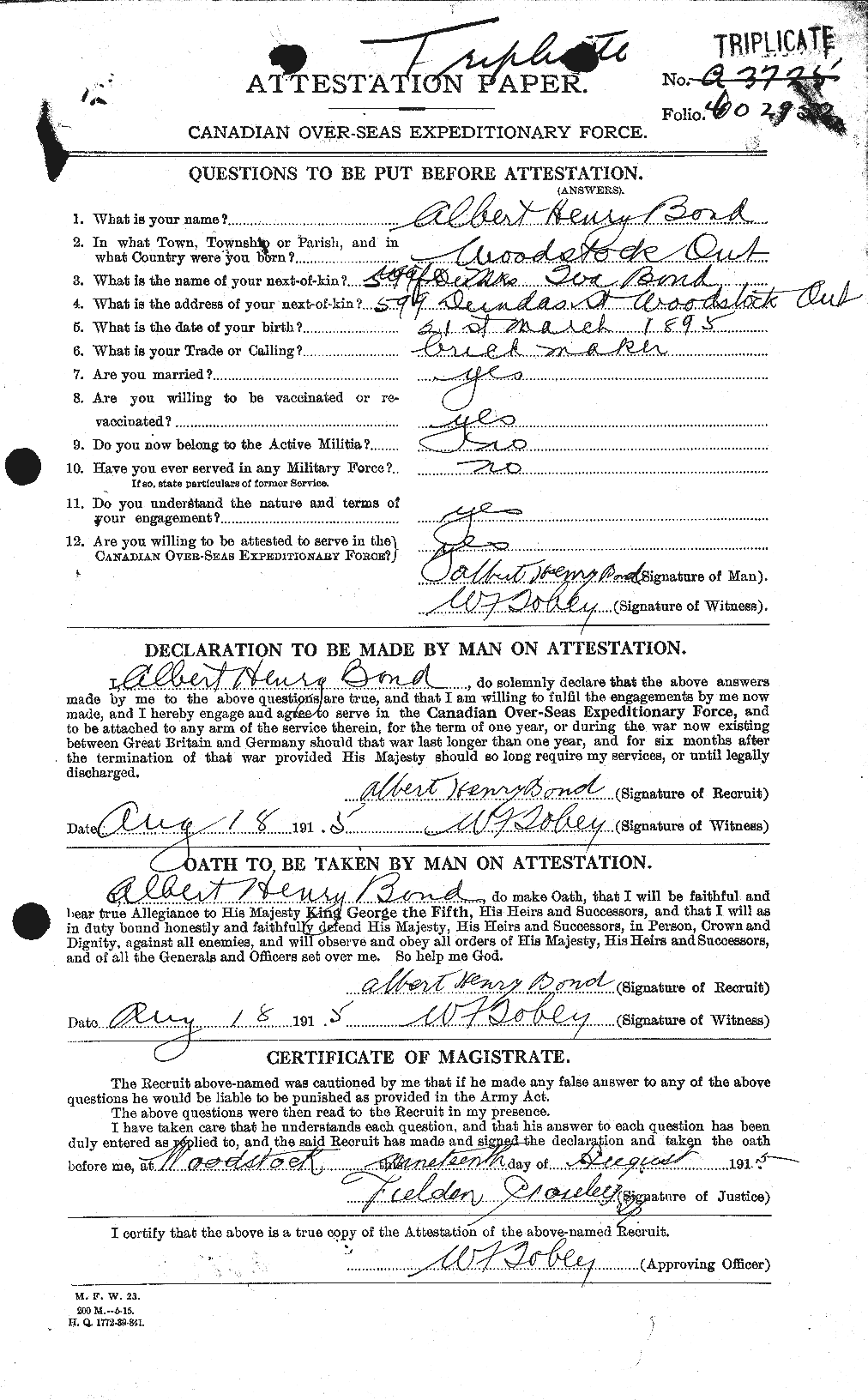 Dossiers du Personnel de la Première Guerre mondiale - CEC 250241a