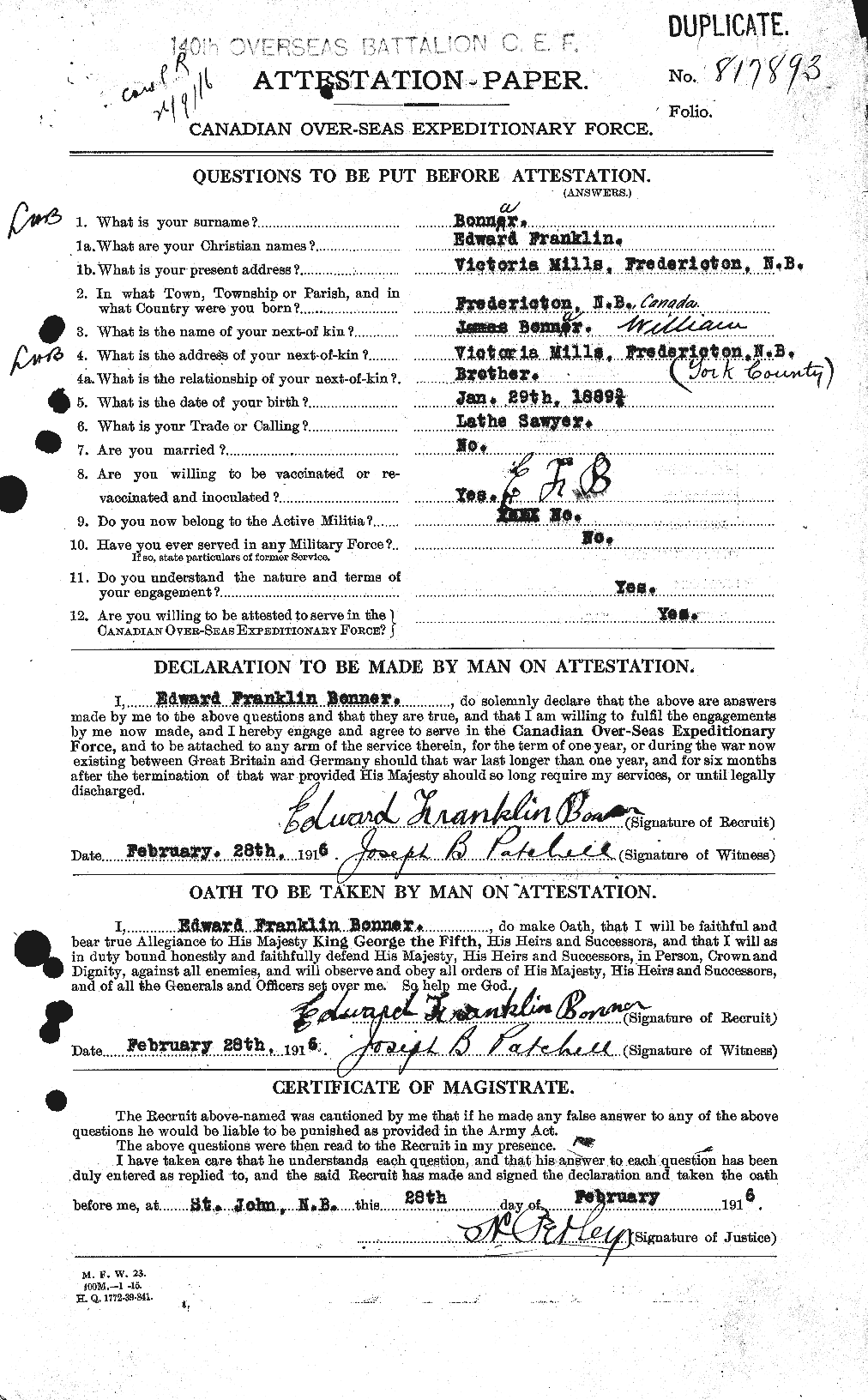 Dossiers du Personnel de la Première Guerre mondiale - CEC 250704a