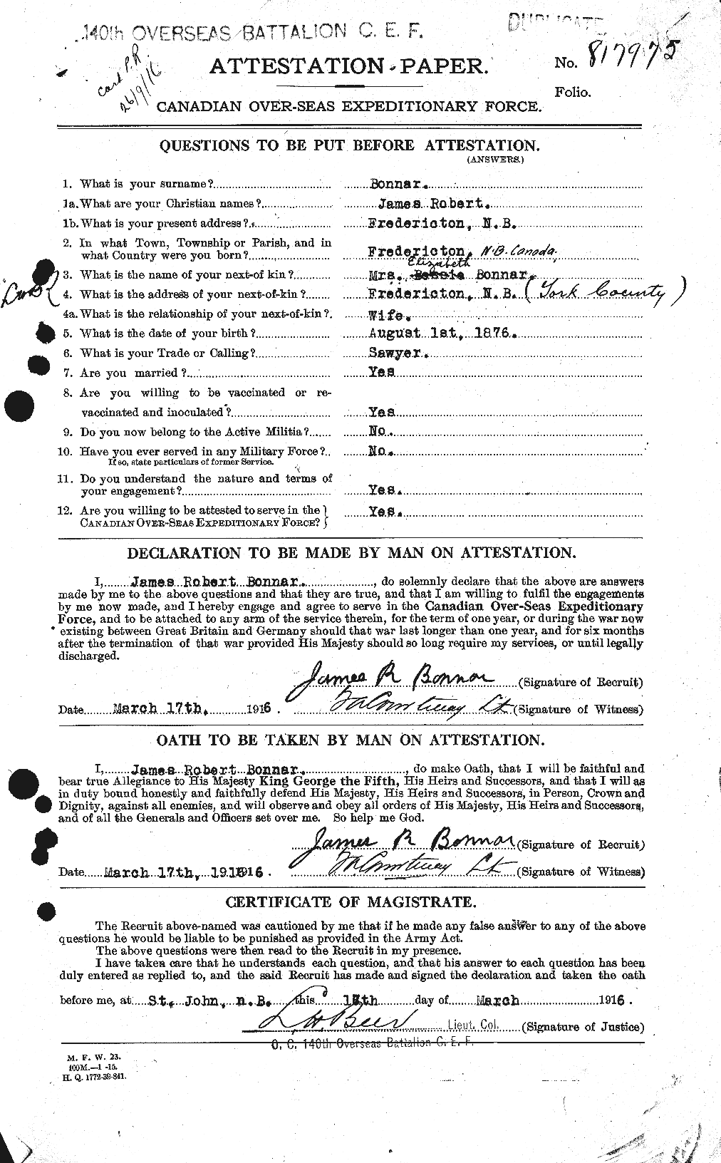 Dossiers du Personnel de la Première Guerre mondiale - CEC 250705a