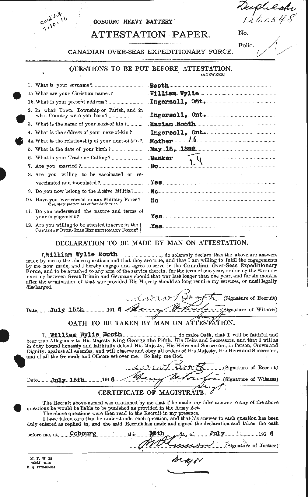 Dossiers du Personnel de la Première Guerre mondiale - CEC 251037a