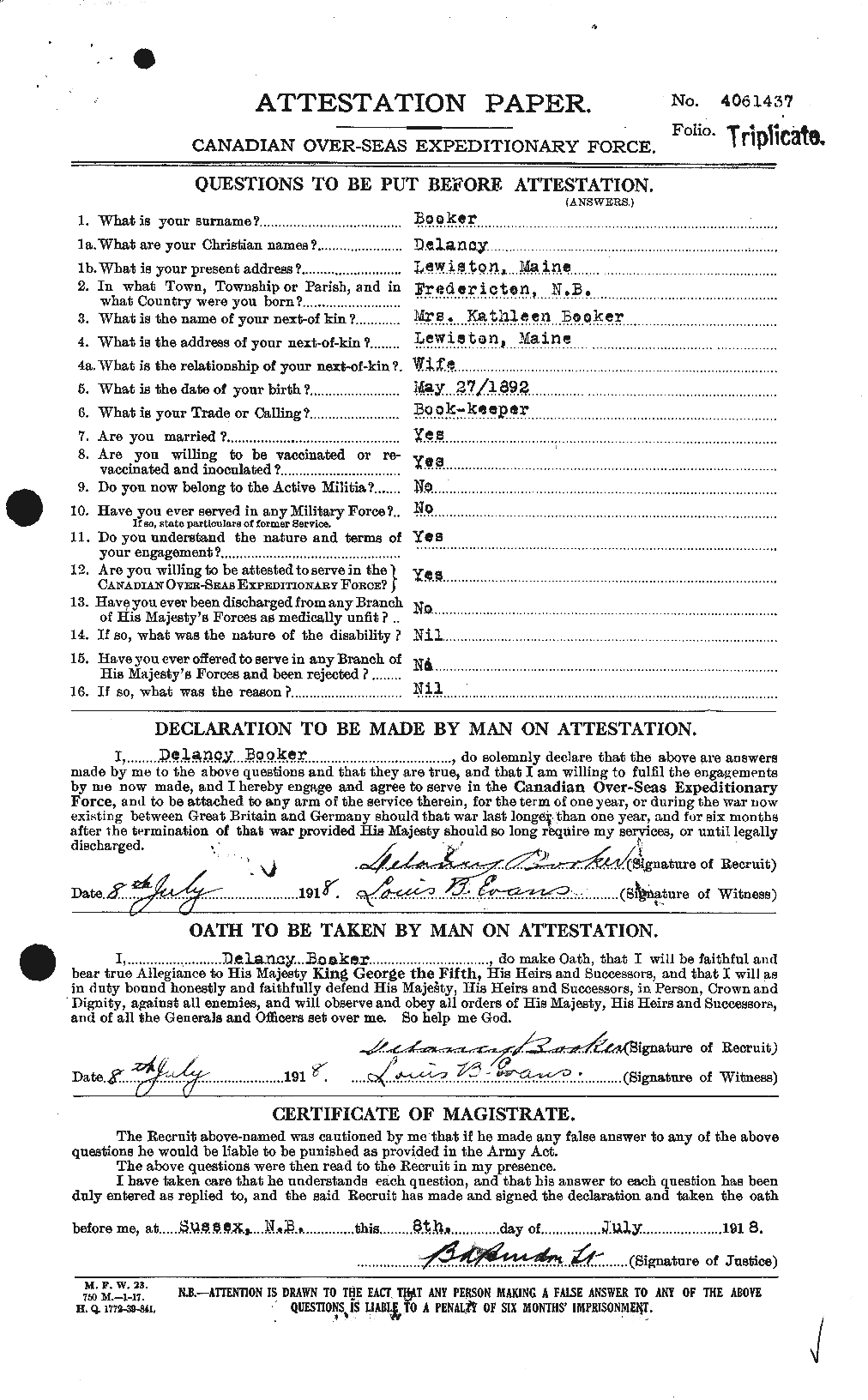 Dossiers du Personnel de la Première Guerre mondiale - CEC 251240a