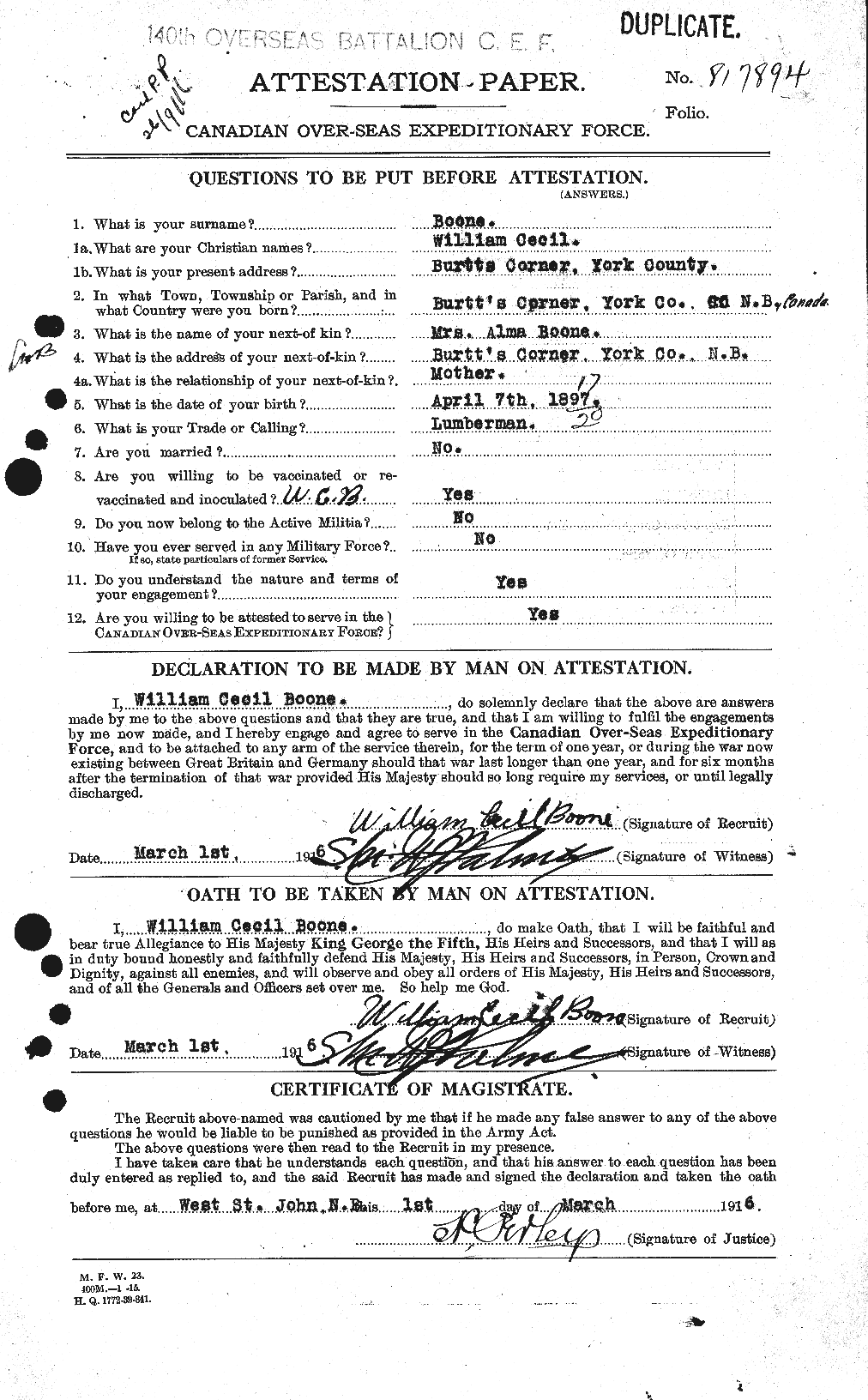 Dossiers du Personnel de la Première Guerre mondiale - CEC 251357a