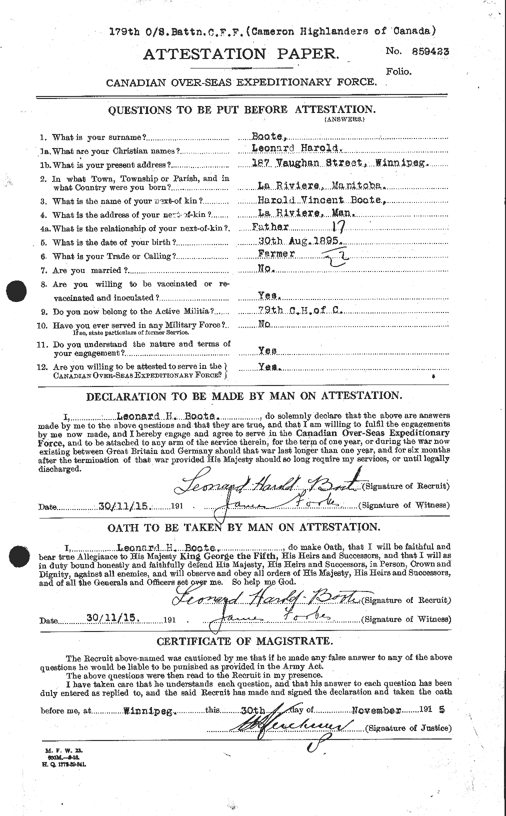Dossiers du Personnel de la Première Guerre mondiale - CEC 251406a