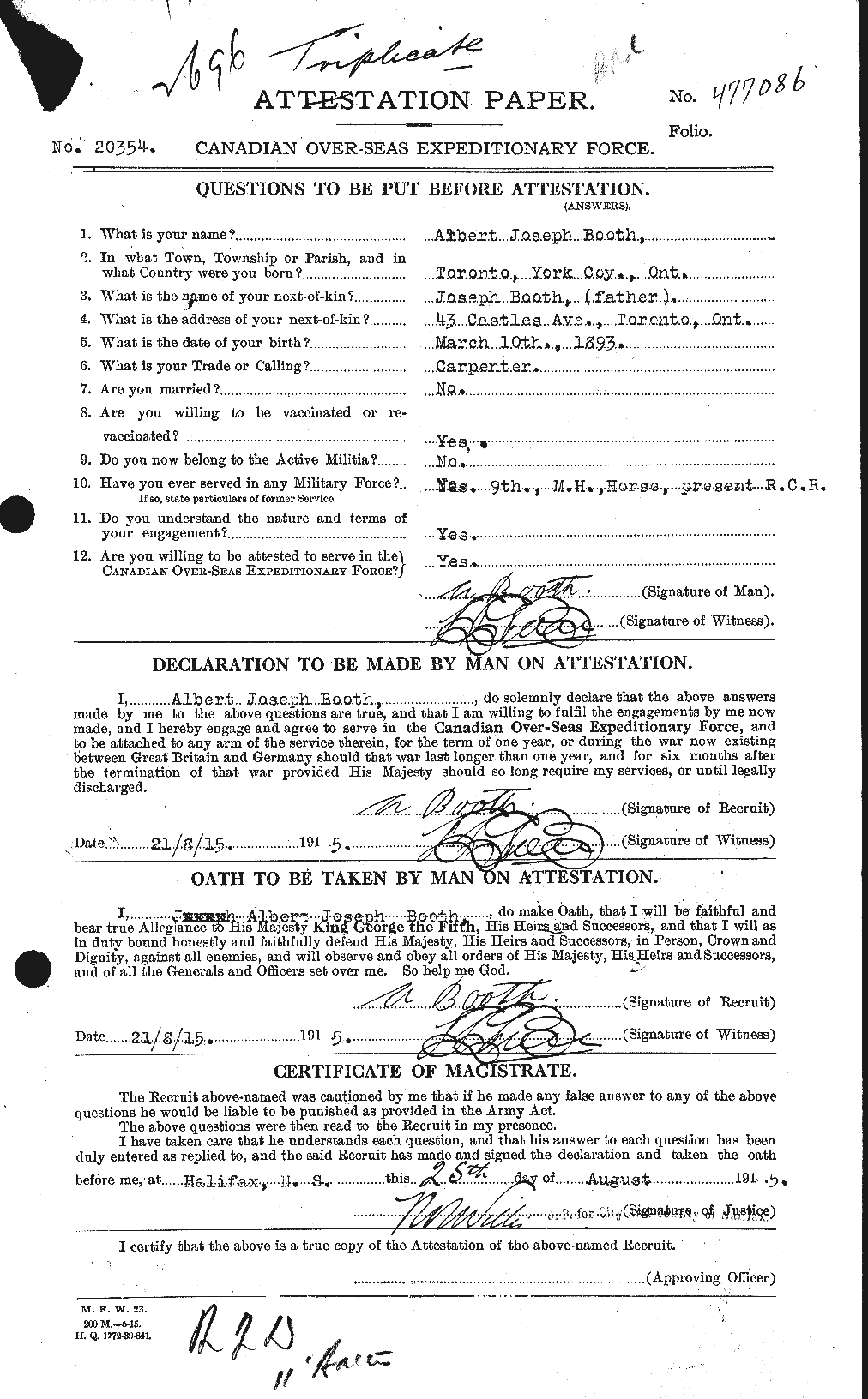 Dossiers du Personnel de la Première Guerre mondiale - CEC 251418a