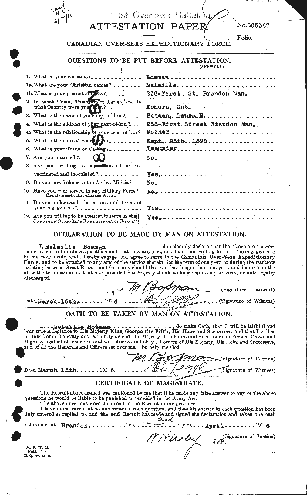 Dossiers du Personnel de la Première Guerre mondiale - CEC 251796a