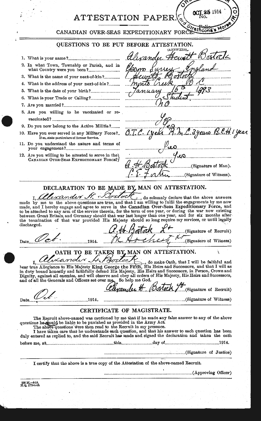 Dossiers du Personnel de la Première Guerre mondiale - CEC 251872a