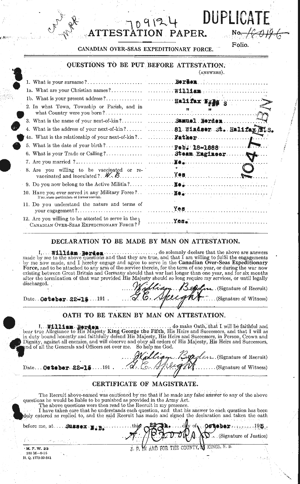 Dossiers du Personnel de la Première Guerre mondiale - CEC 252322a