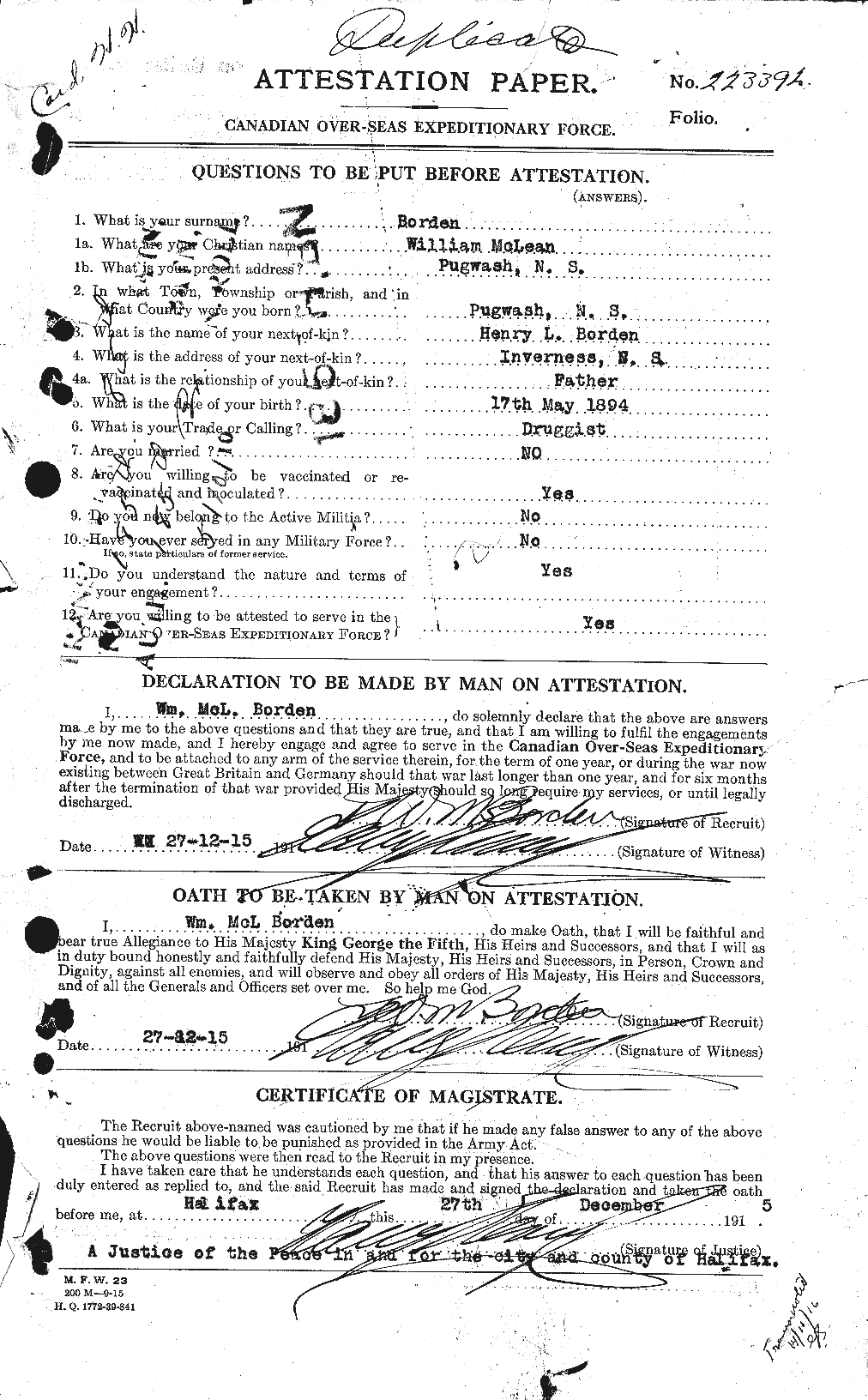 Dossiers du Personnel de la Première Guerre mondiale - CEC 252325a