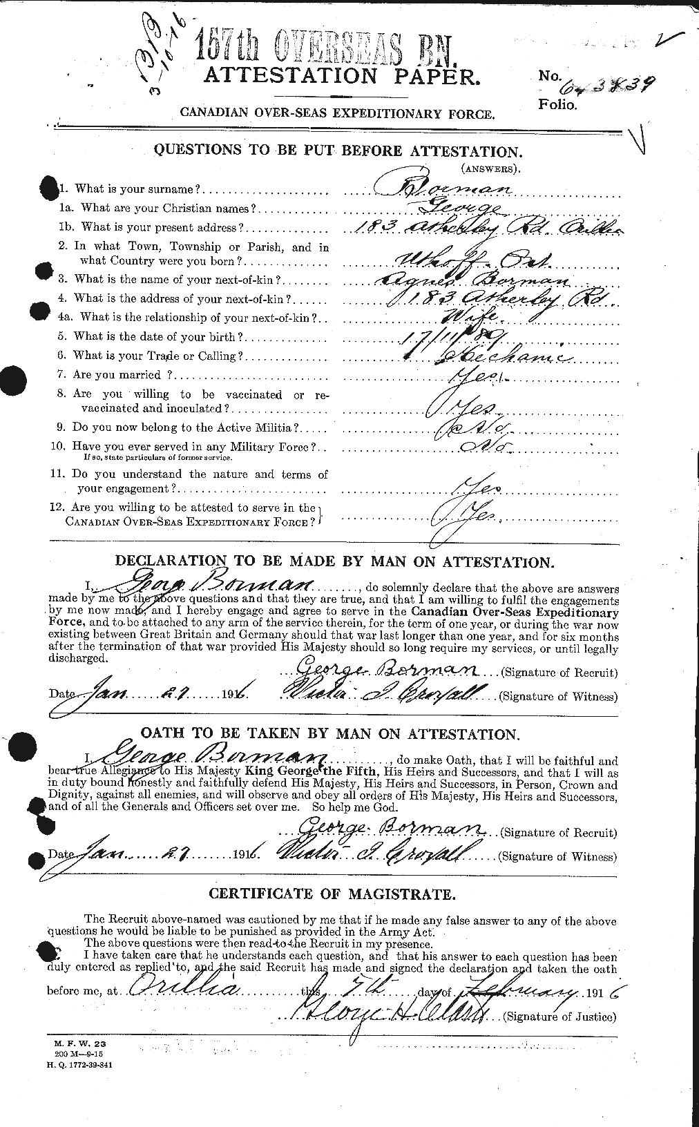 Dossiers du Personnel de la Première Guerre mondiale - CEC 252476a