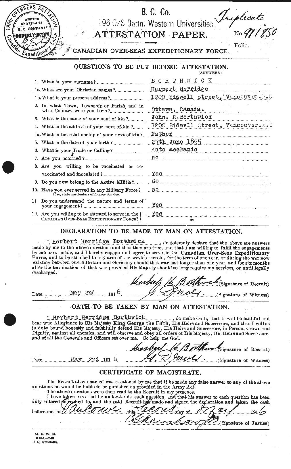 Dossiers du Personnel de la Première Guerre mondiale - CEC 253497a