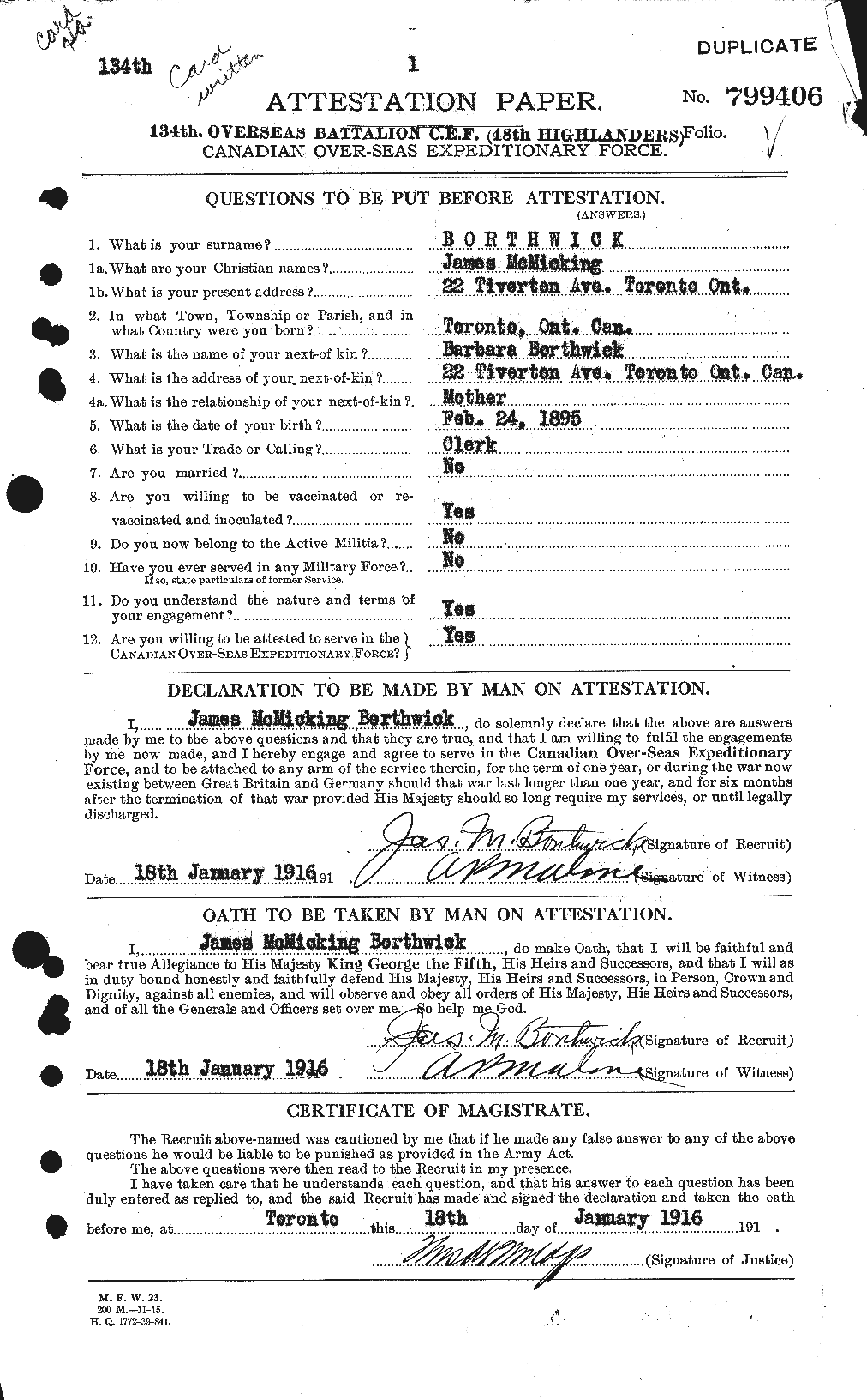 Dossiers du Personnel de la Première Guerre mondiale - CEC 253503a