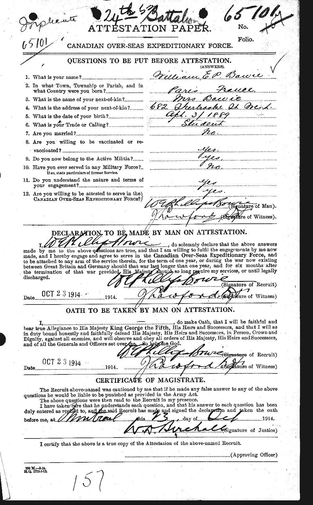 Dossiers du Personnel de la Première Guerre mondiale - CEC 253750a