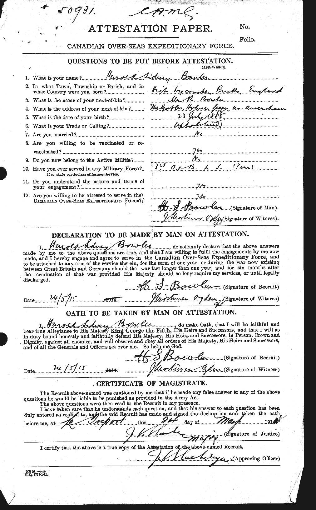 Dossiers du Personnel de la Première Guerre mondiale - CEC 253821a