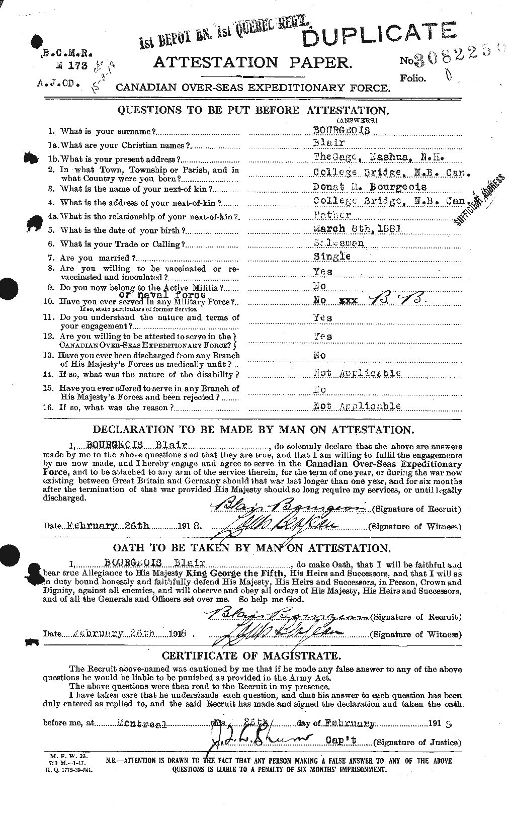 Dossiers du Personnel de la Première Guerre mondiale - CEC 253882a