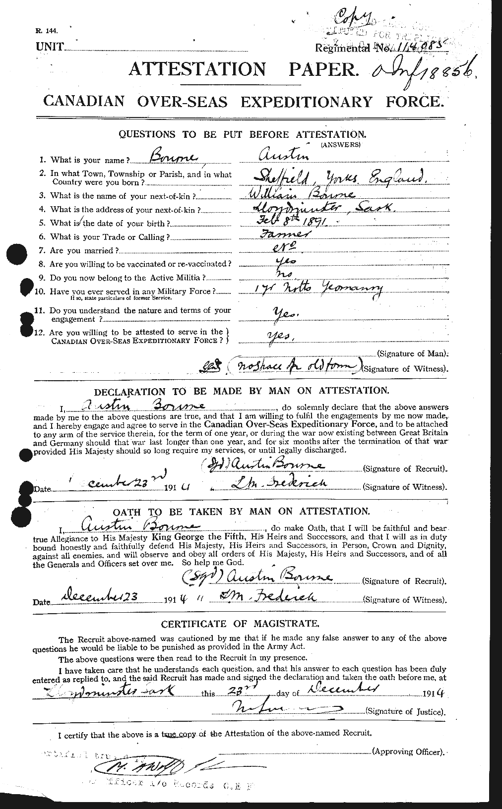 Dossiers du Personnel de la Première Guerre mondiale - CEC 254099a