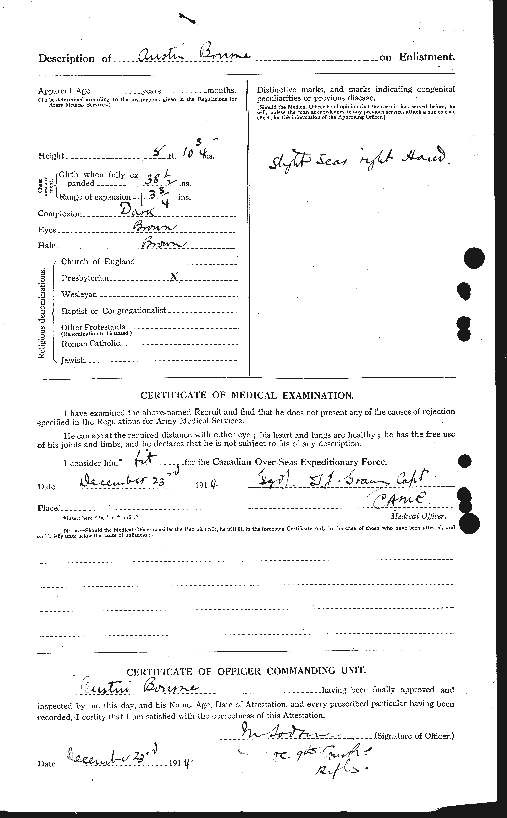 Dossiers du Personnel de la Première Guerre mondiale - CEC 254099b