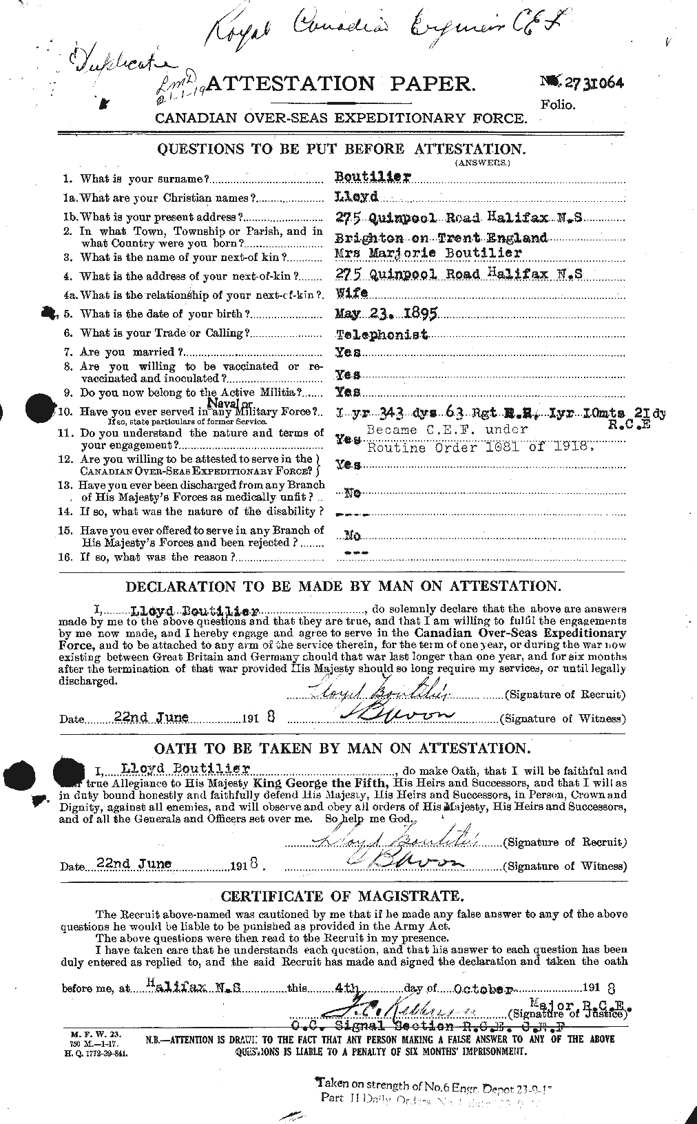 Dossiers du Personnel de la Première Guerre mondiale - CEC 254238a