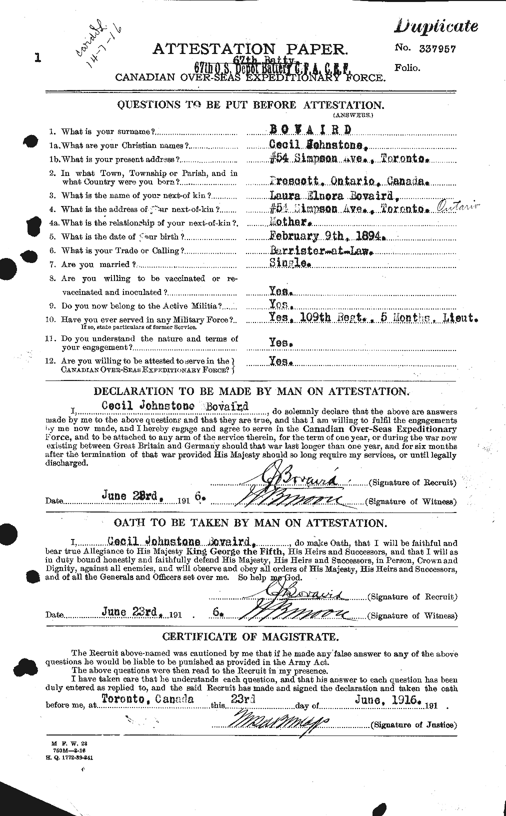 Dossiers du Personnel de la Première Guerre mondiale - CEC 254394a