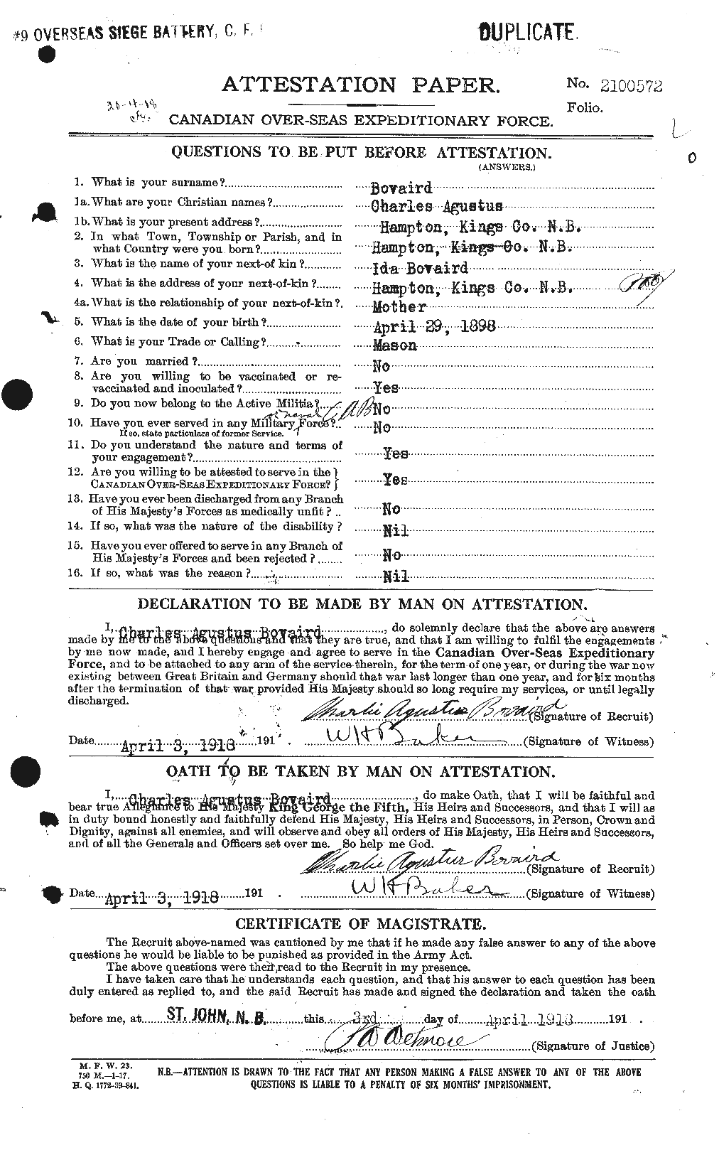 Dossiers du Personnel de la Première Guerre mondiale - CEC 254395a