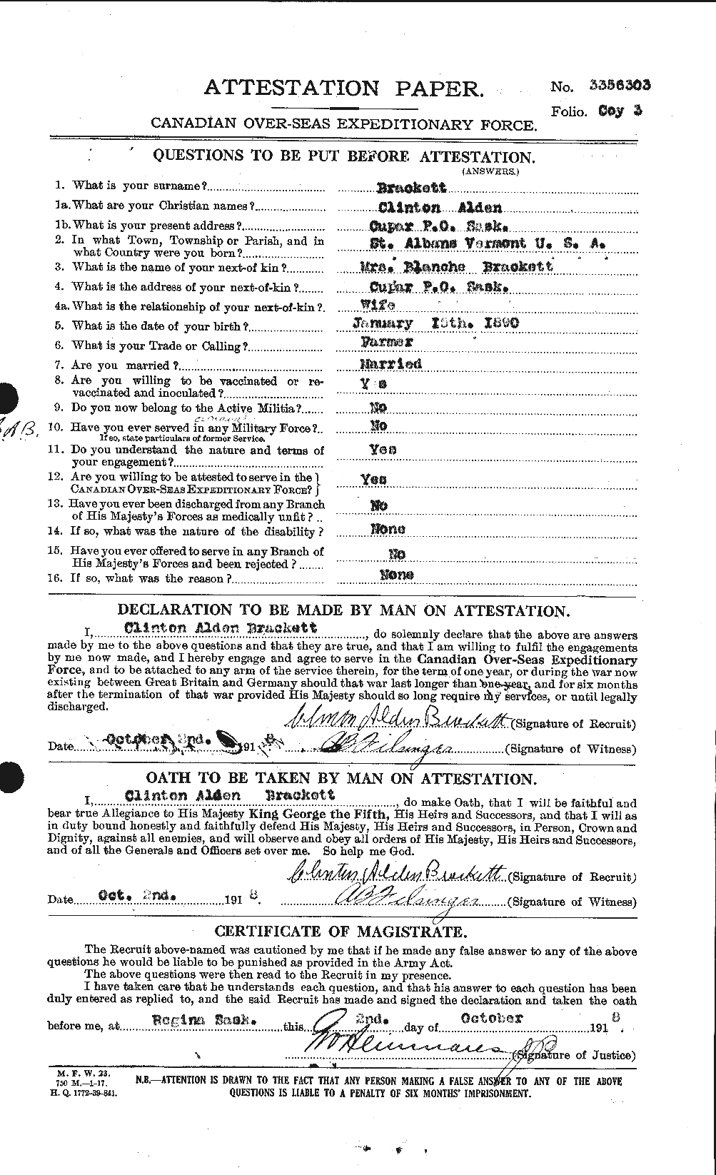 Dossiers du Personnel de la Première Guerre mondiale - CEC 254731a