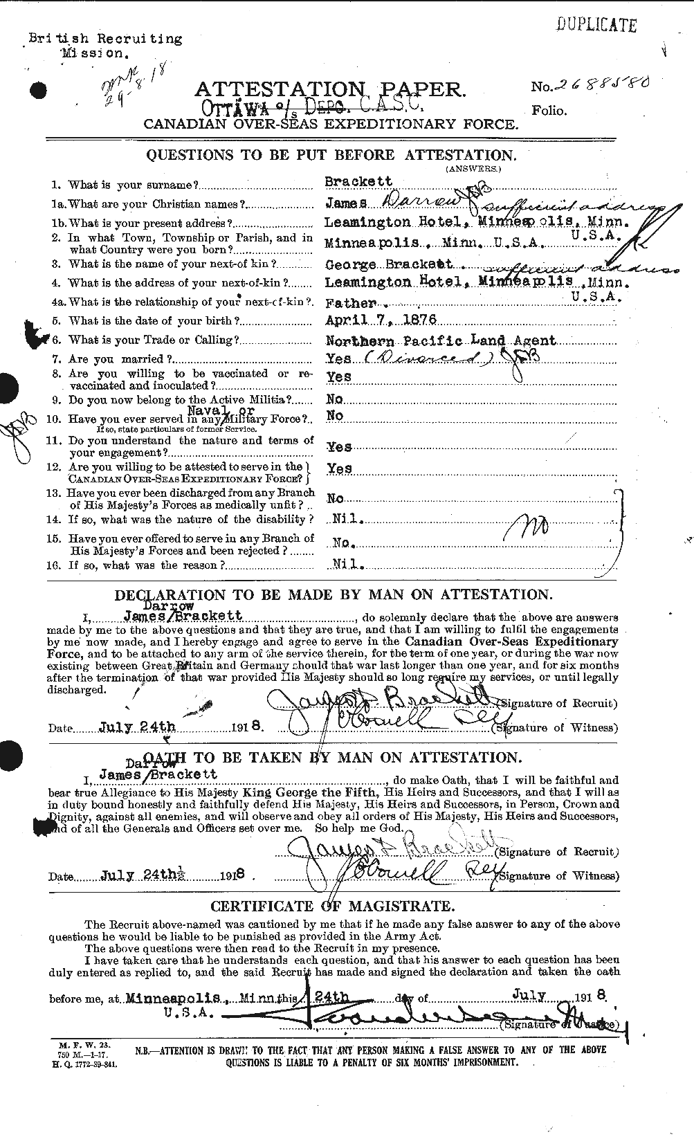 Dossiers du Personnel de la Première Guerre mondiale - CEC 254734a