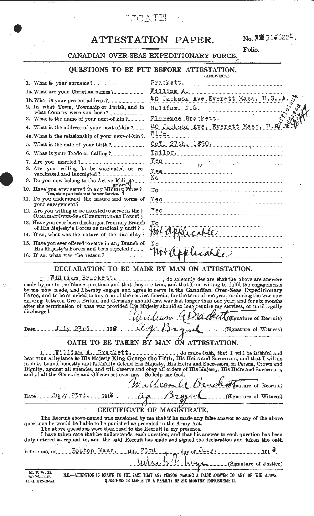 Dossiers du Personnel de la Première Guerre mondiale - CEC 254743a