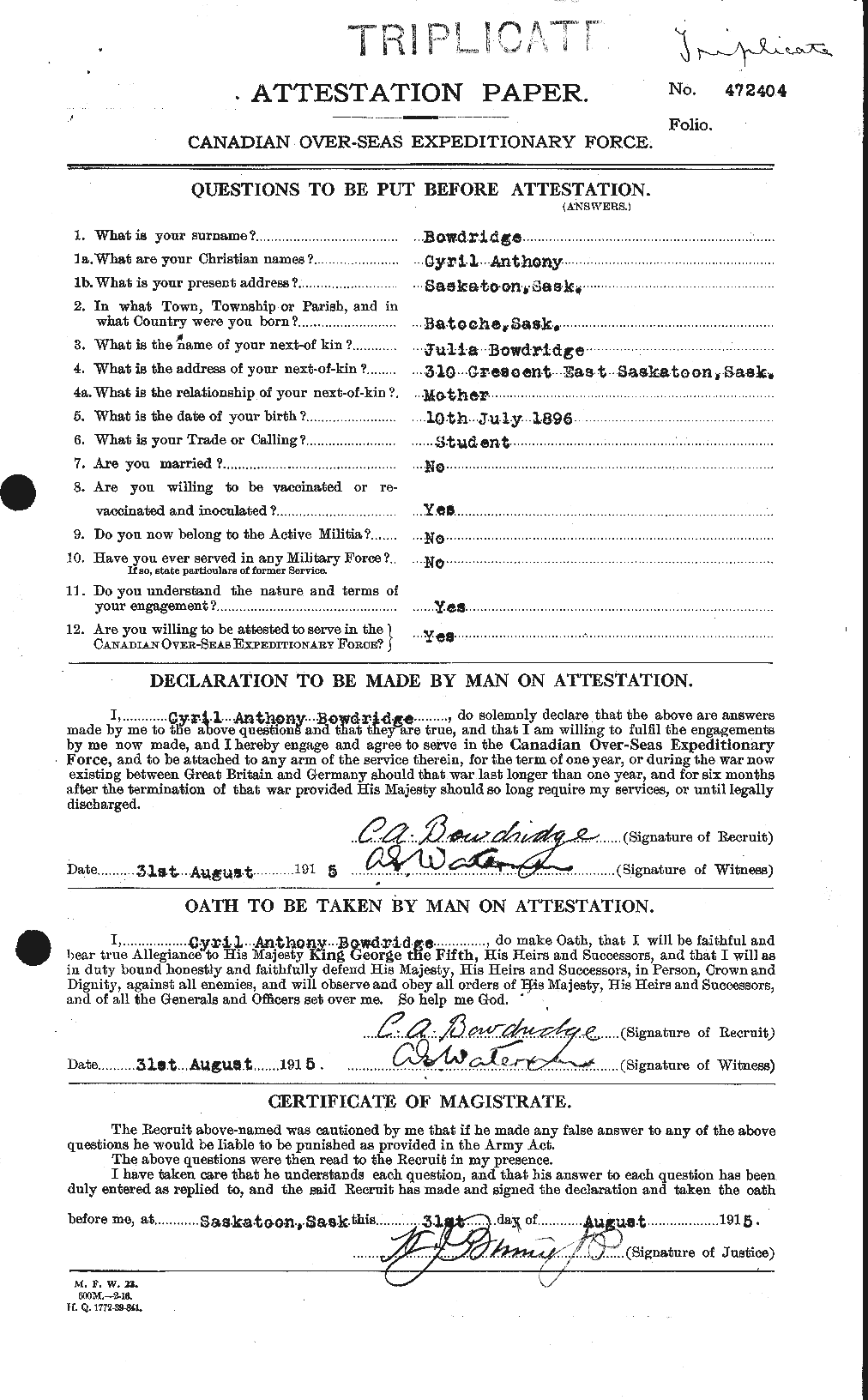 Dossiers du Personnel de la Première Guerre mondiale - CEC 255315a