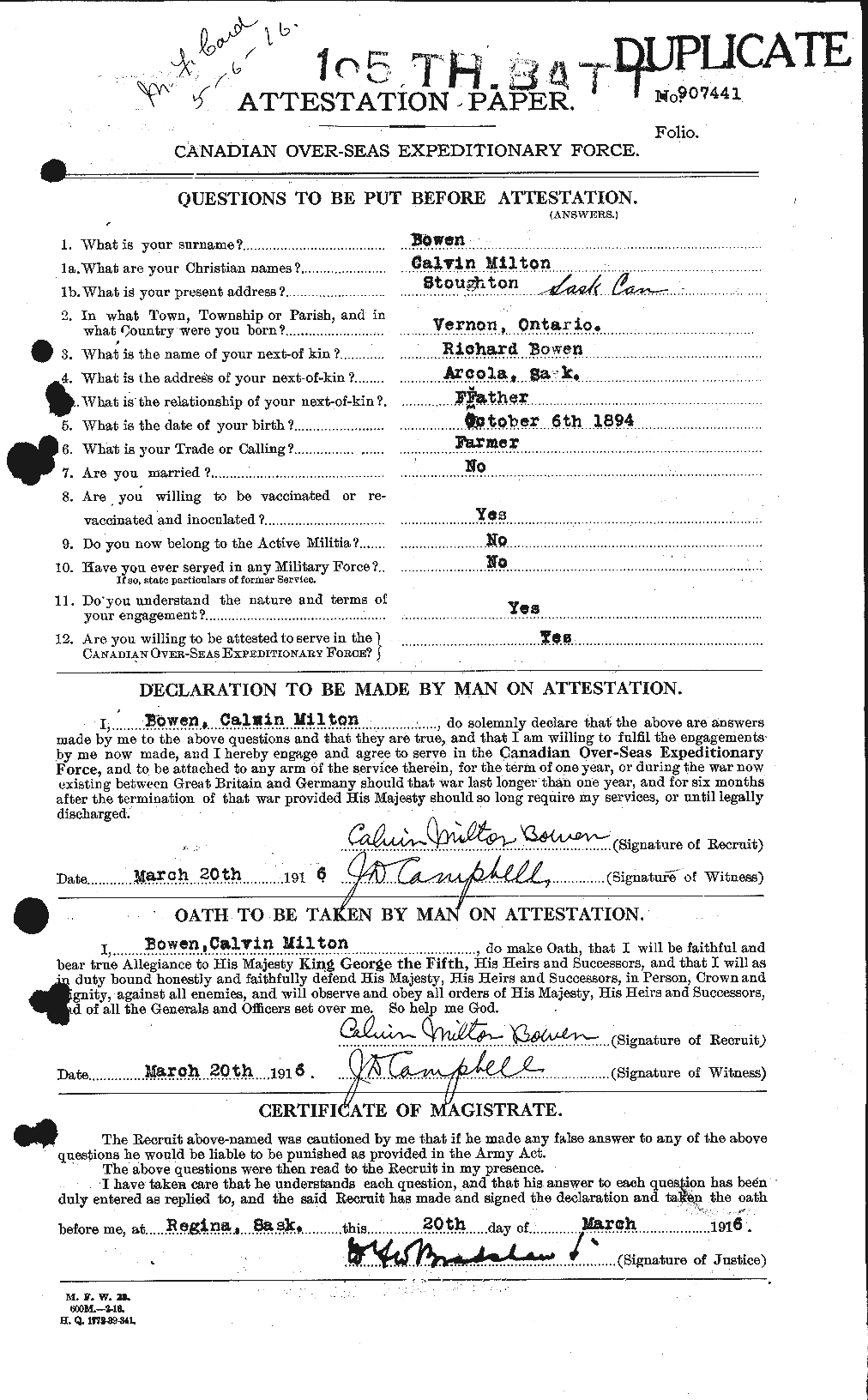 Dossiers du Personnel de la Première Guerre mondiale - CEC 255360a