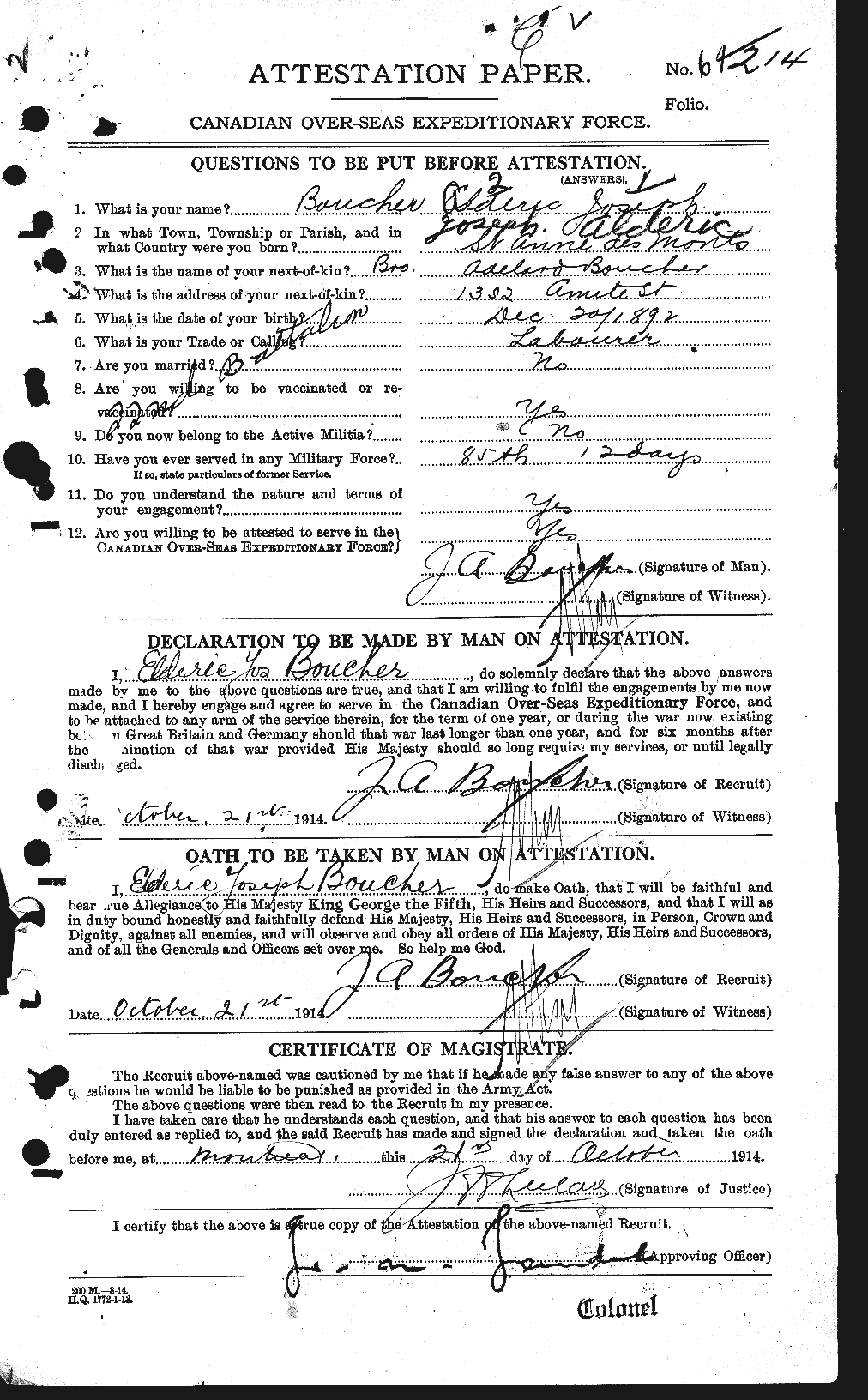 Dossiers du Personnel de la Première Guerre mondiale - CEC 255512a