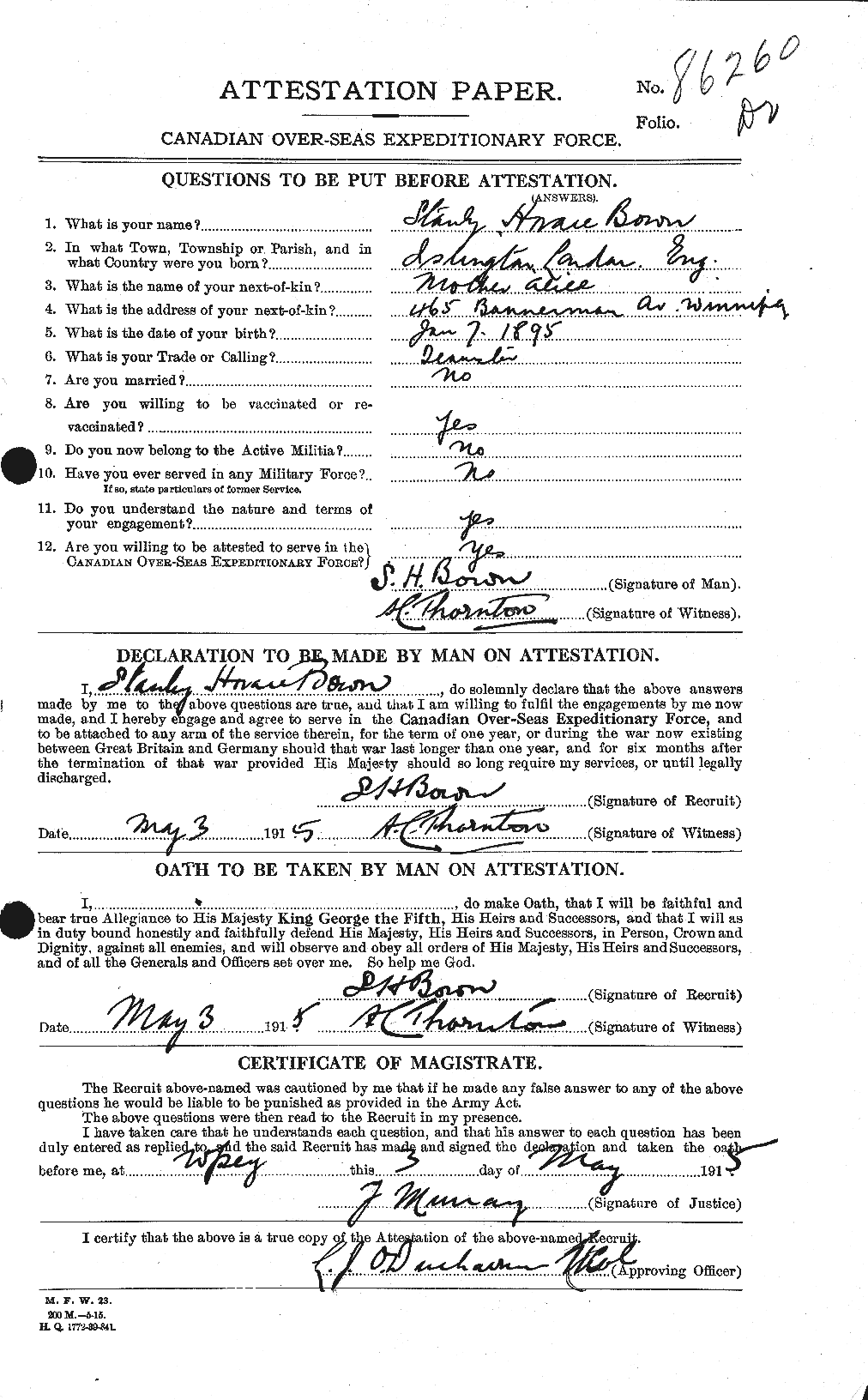Dossiers du Personnel de la Première Guerre mondiale - CEC 256192a