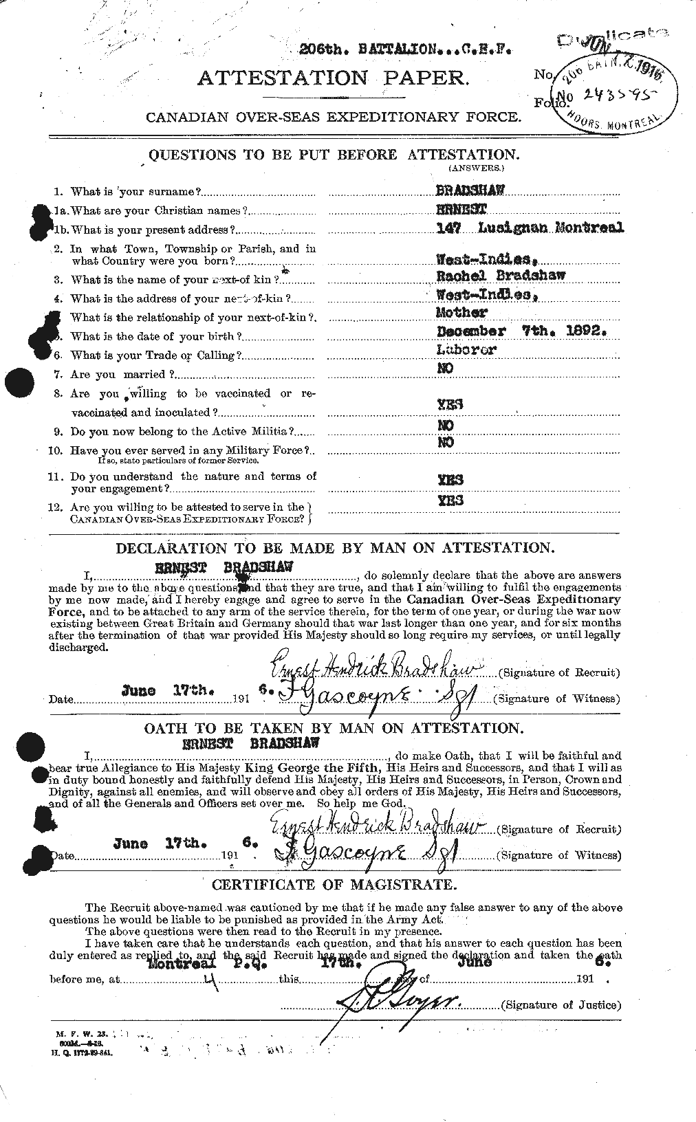 Dossiers du Personnel de la Première Guerre mondiale - CEC 256615a