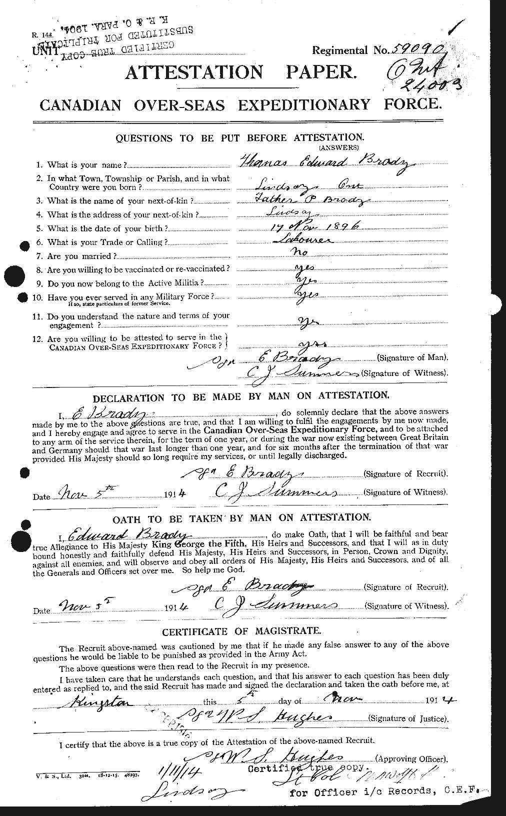Dossiers du Personnel de la Première Guerre mondiale - CEC 257256a