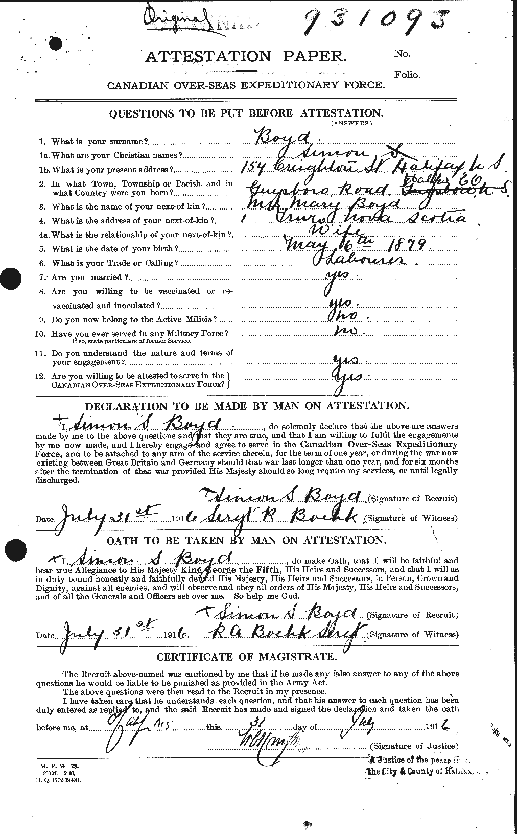 Dossiers du Personnel de la Première Guerre mondiale - CEC 257885a
