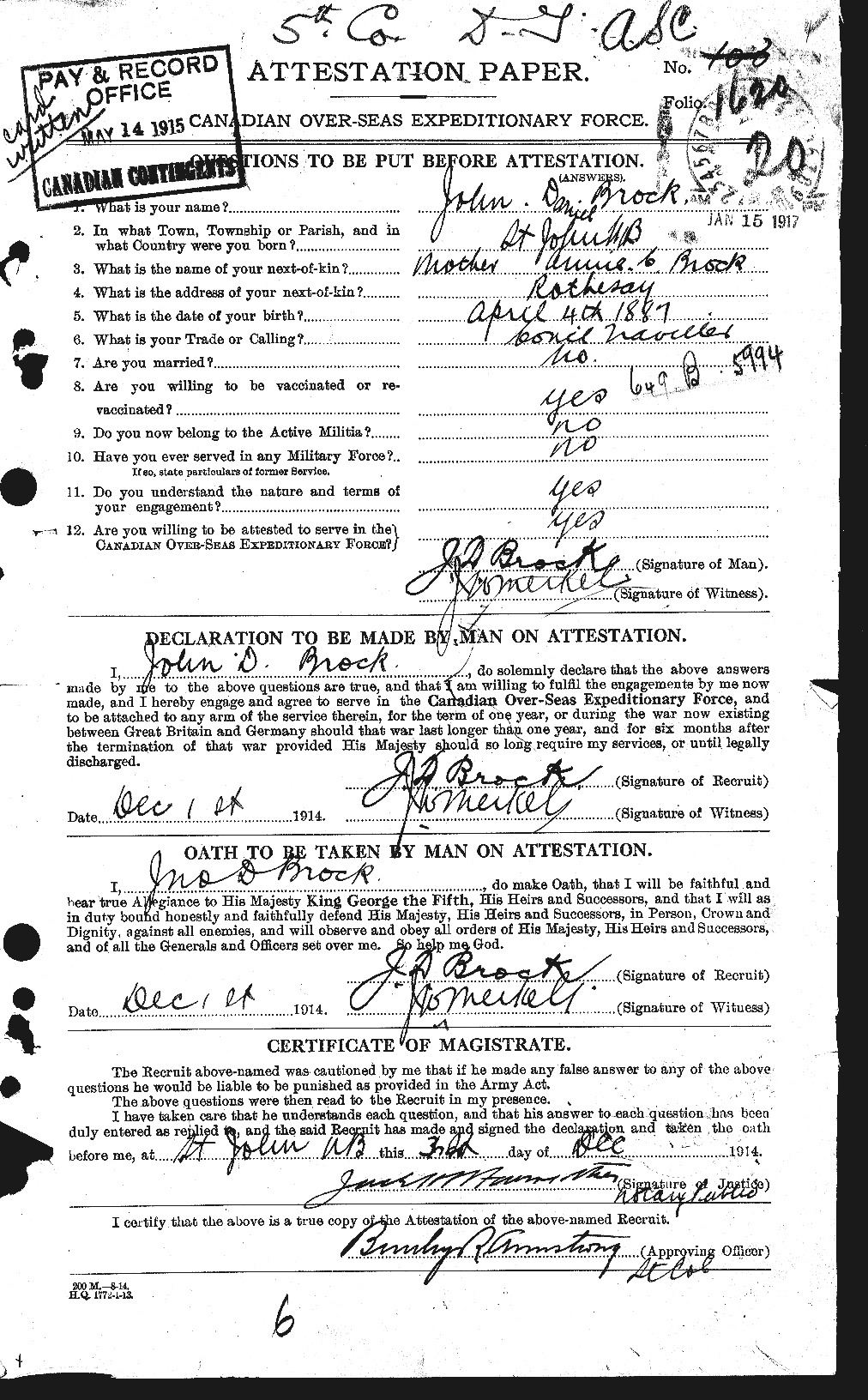 Dossiers du Personnel de la Première Guerre mondiale - CEC 258219a
