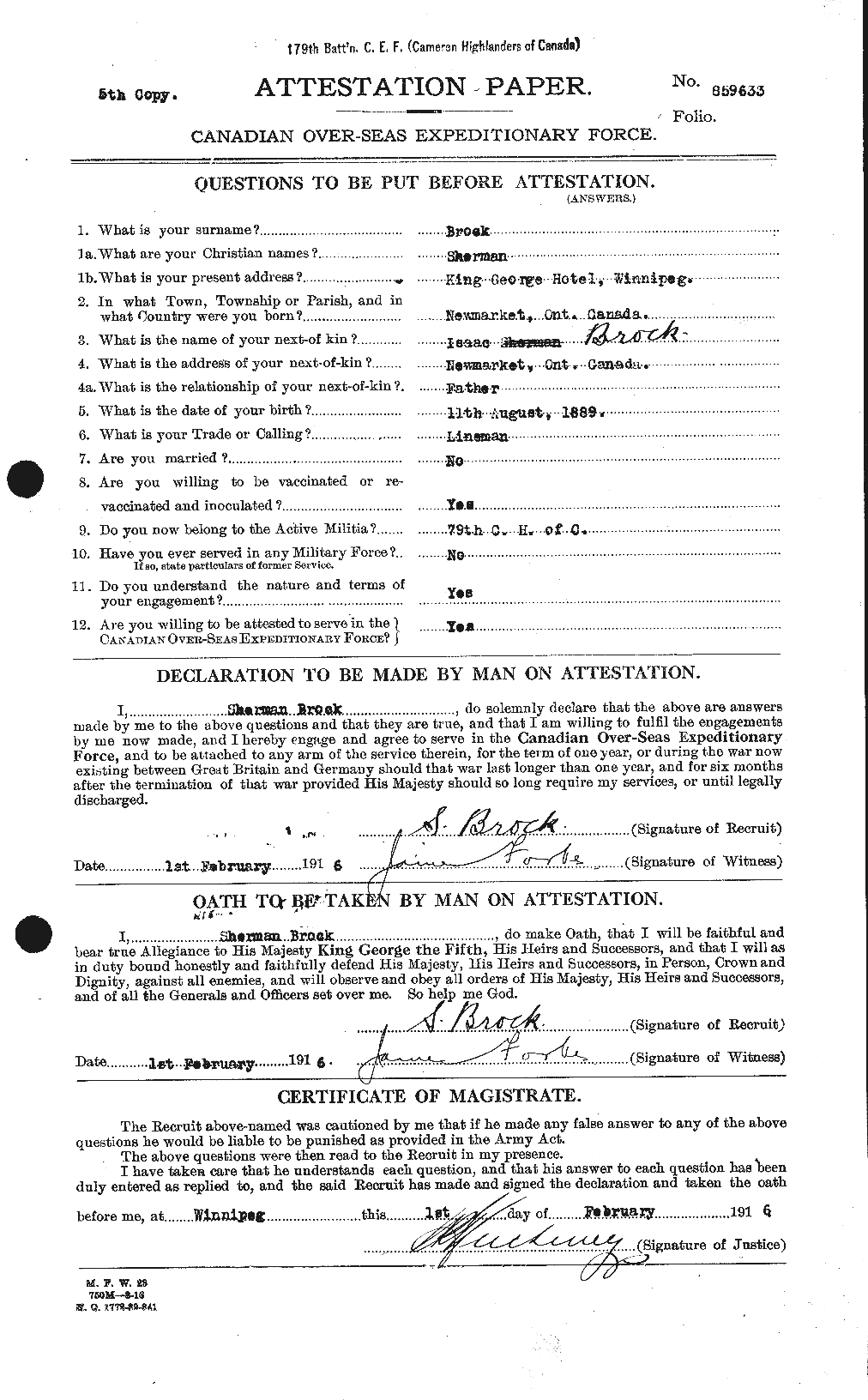Dossiers du Personnel de la Première Guerre mondiale - CEC 258239a
