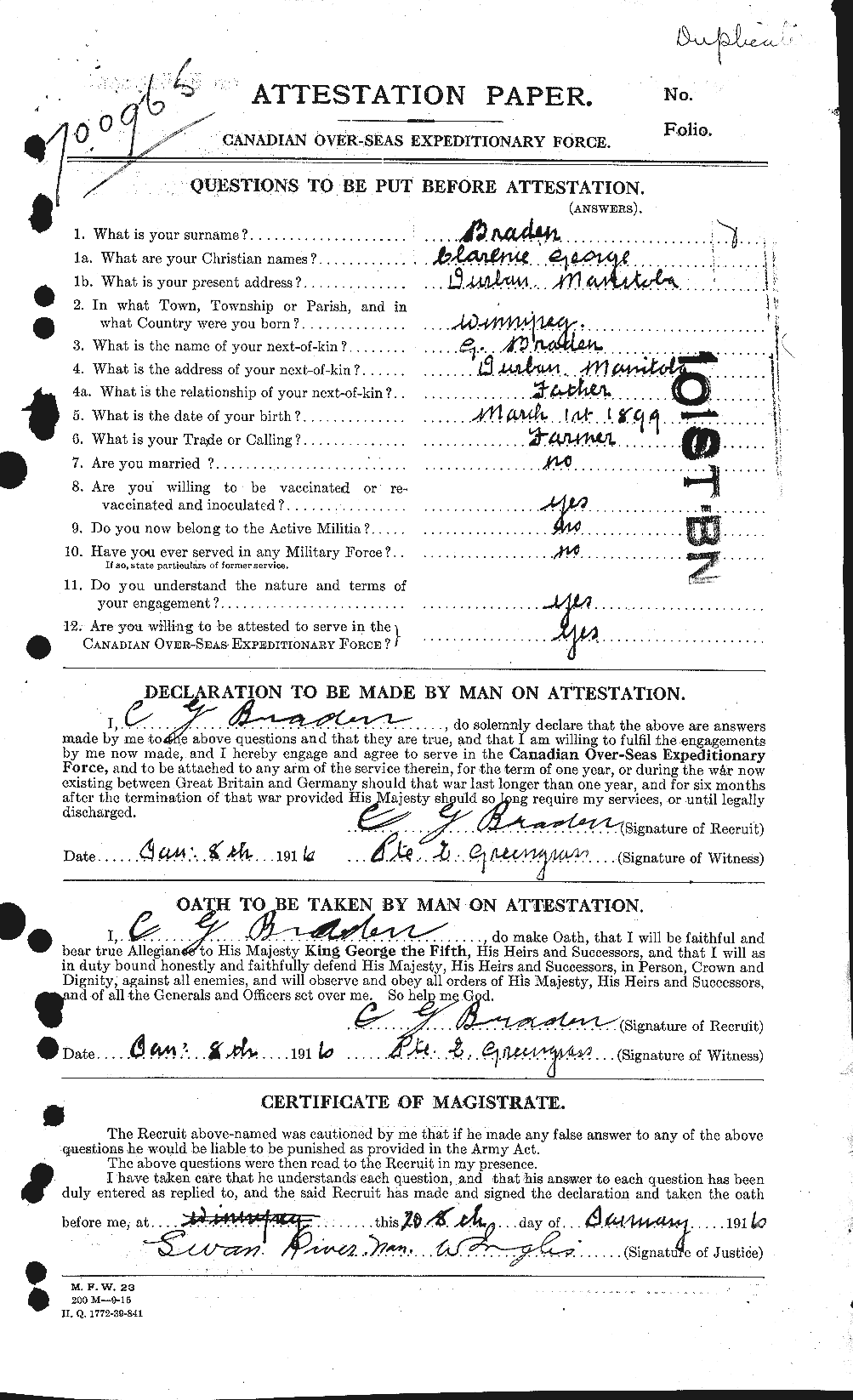 Dossiers du Personnel de la Première Guerre mondiale - CEC 258575a