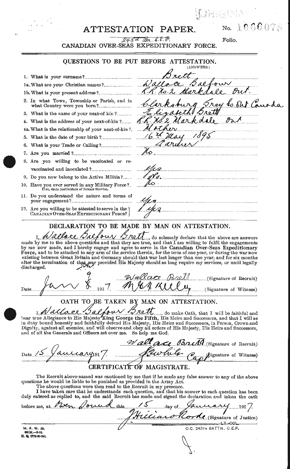 Dossiers du Personnel de la Première Guerre mondiale - CEC 258864a