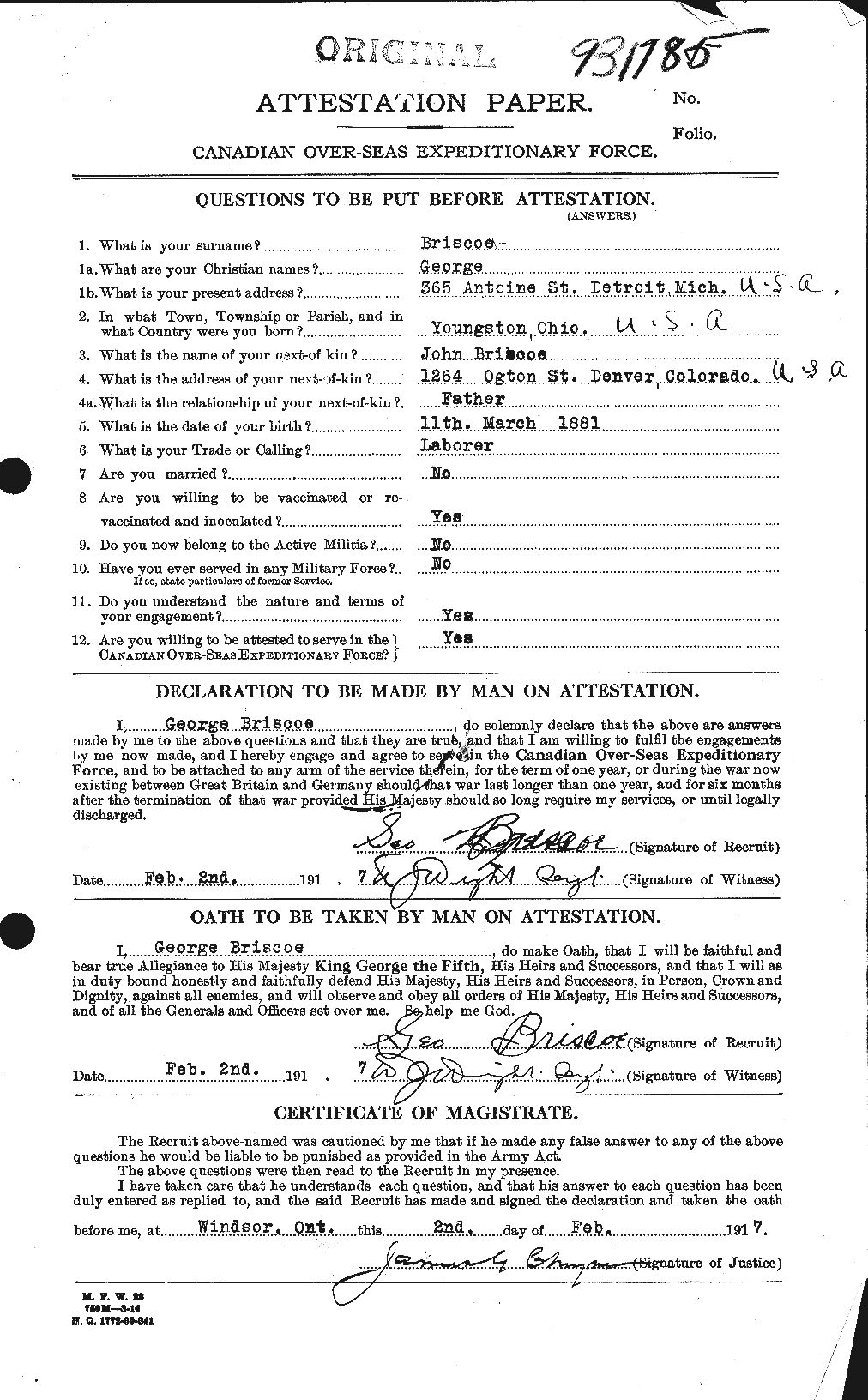 Dossiers du Personnel de la Première Guerre mondiale - CEC 259472a