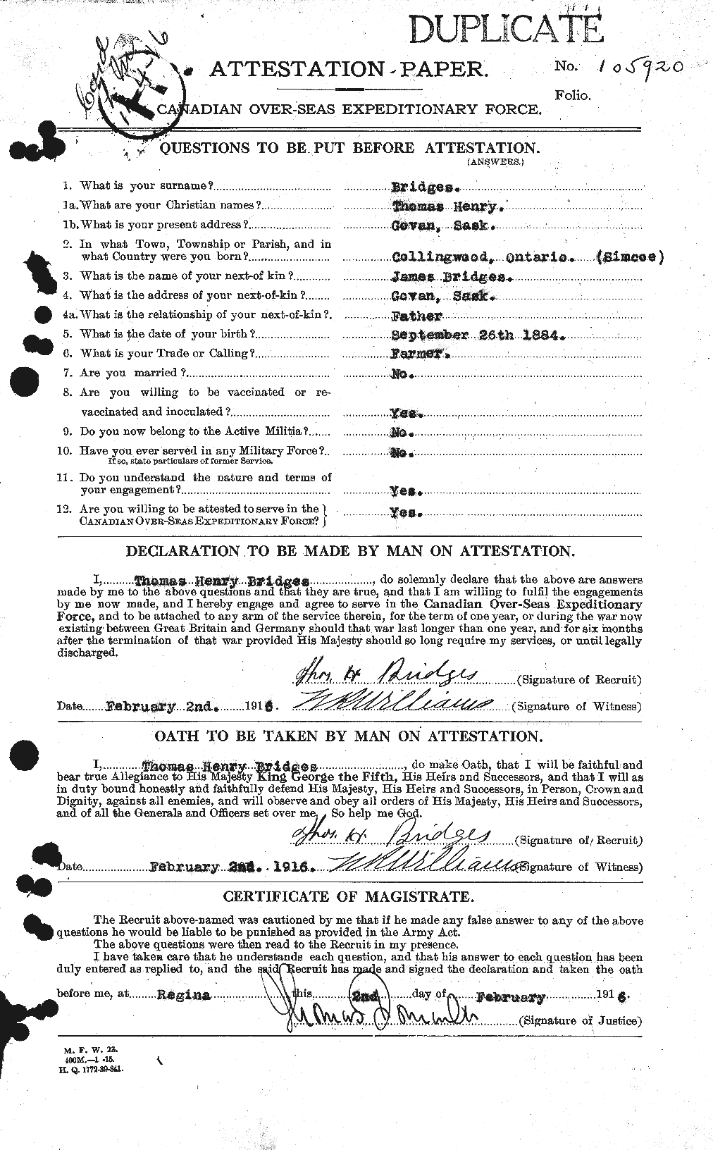 Dossiers du Personnel de la Première Guerre mondiale - CEC 259839a