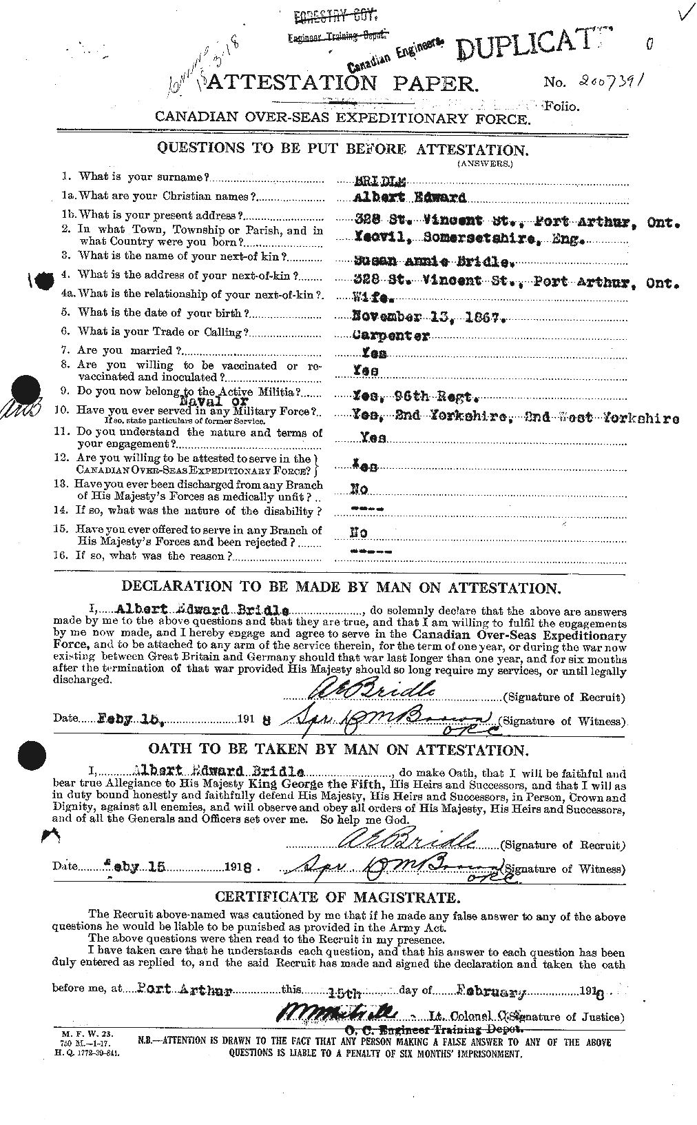 Dossiers du Personnel de la Première Guerre mondiale - CEC 259888a