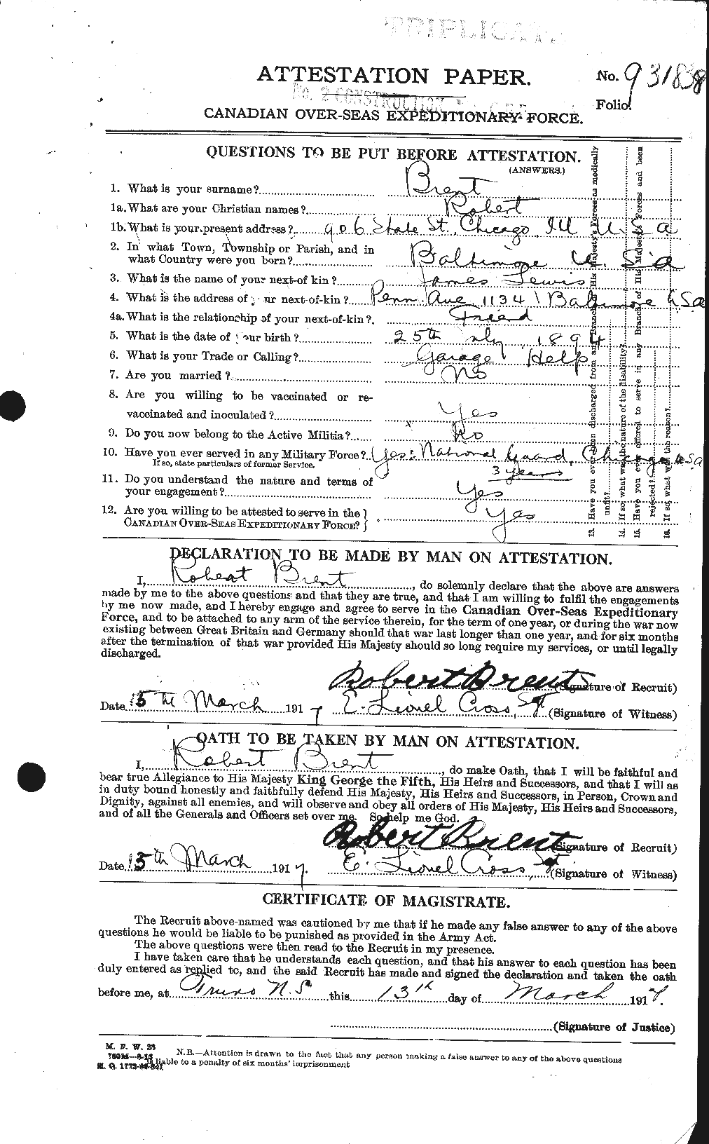 Dossiers du Personnel de la Première Guerre mondiale - CEC 260241a