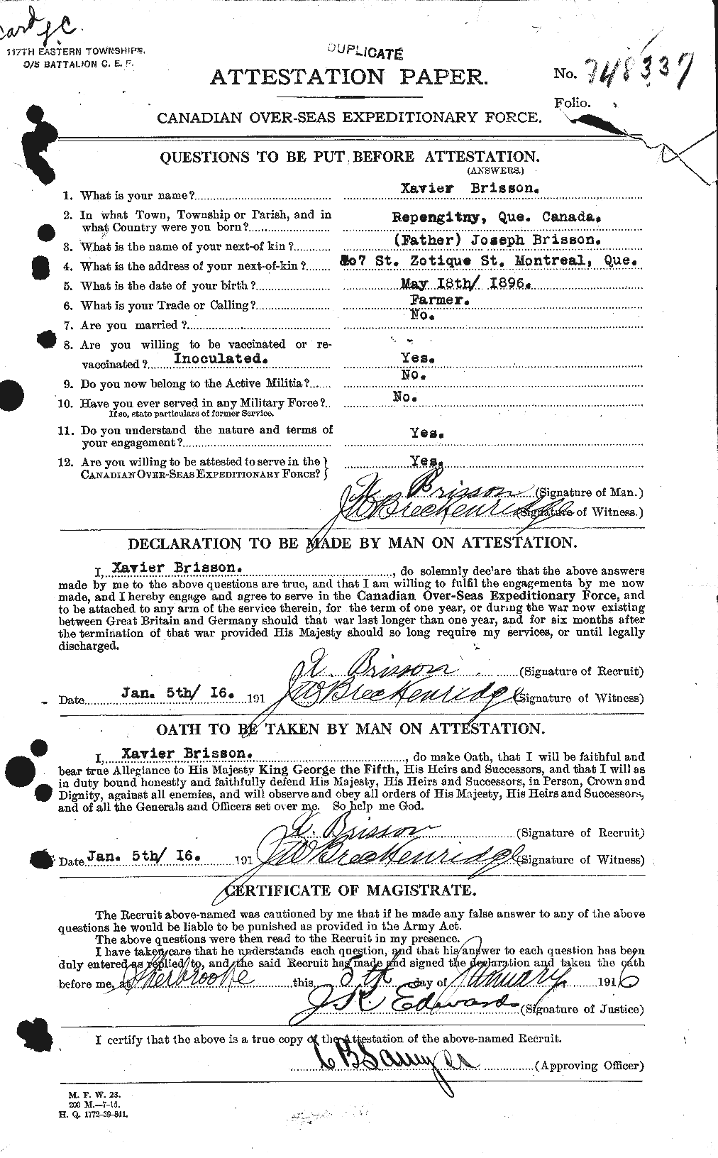 Dossiers du Personnel de la Première Guerre mondiale - CEC 260306a